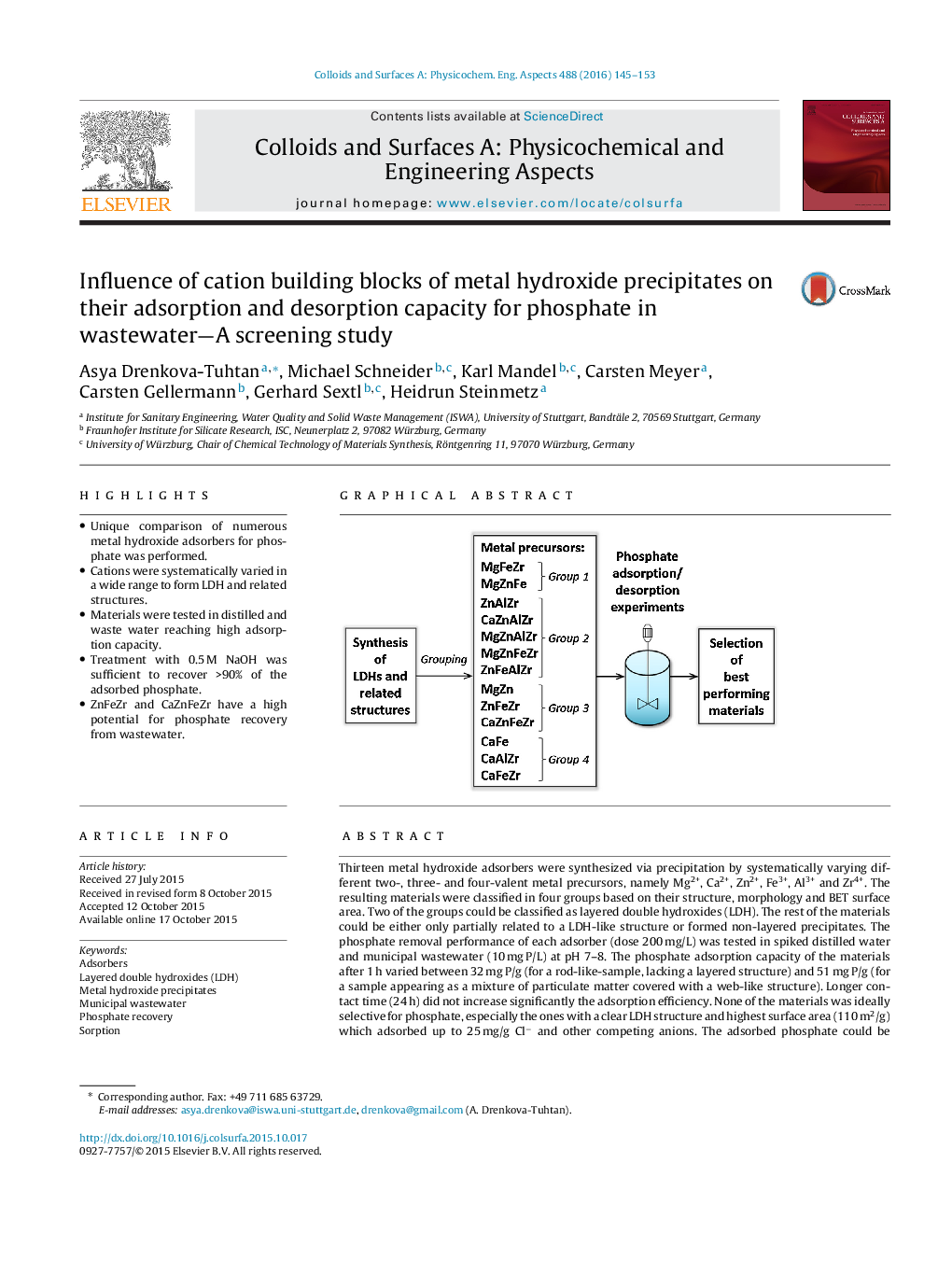 Influence of cation building blocks of metal hydroxide precipitates on their adsorption and desorption capacity for phosphate in wastewater-A screening study