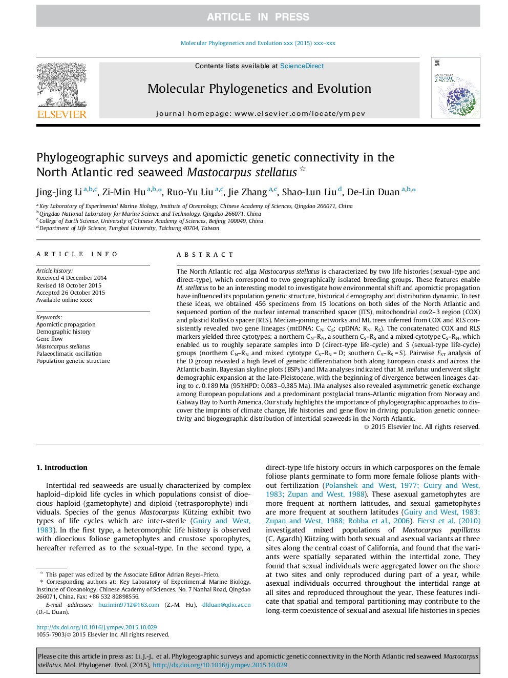 Phylogeographic surveys and apomictic genetic connectivity in the North Atlantic red seaweed Mastocarpus stellatus