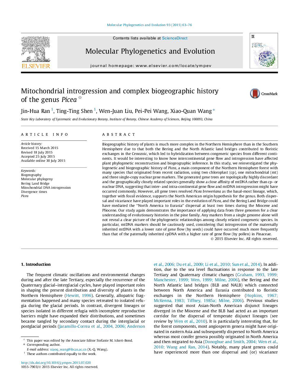 Mitochondrial introgression and complex biogeographic history of the genus Picea