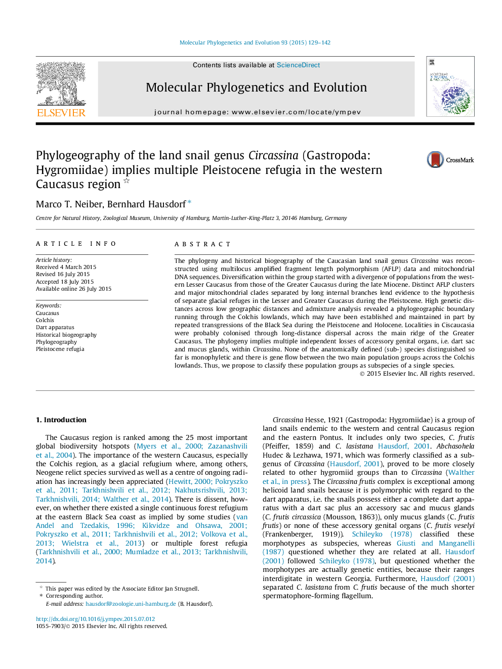 Phylogeography of the land snail genus Circassina (Gastropoda: Hygromiidae) implies multiple Pleistocene refugia in the western Caucasus region