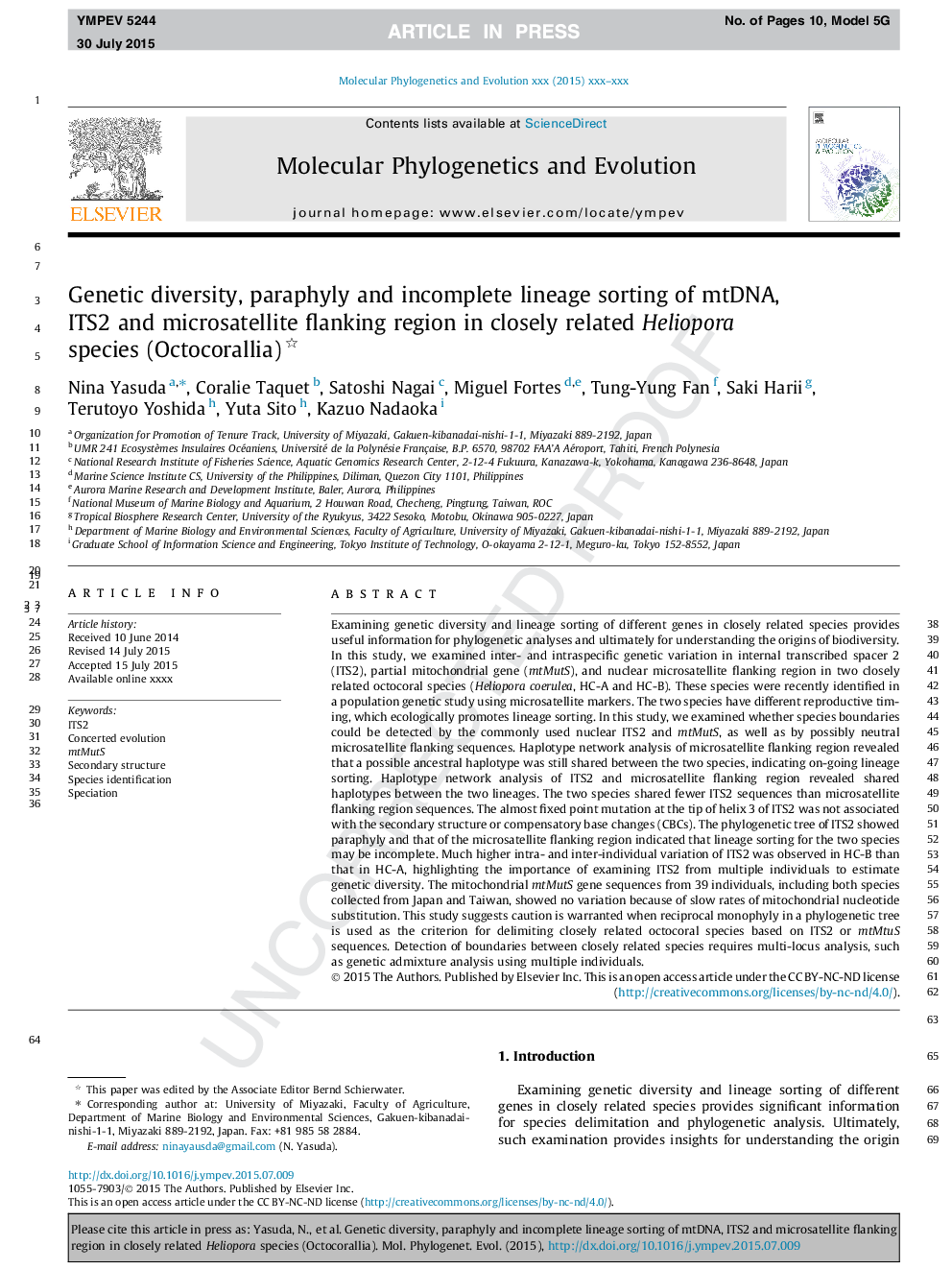 Genetic diversity, paraphyly and incomplete lineage sorting of mtDNA, ITS2 and microsatellite flanking region in closely related Heliopora species (Octocorallia)