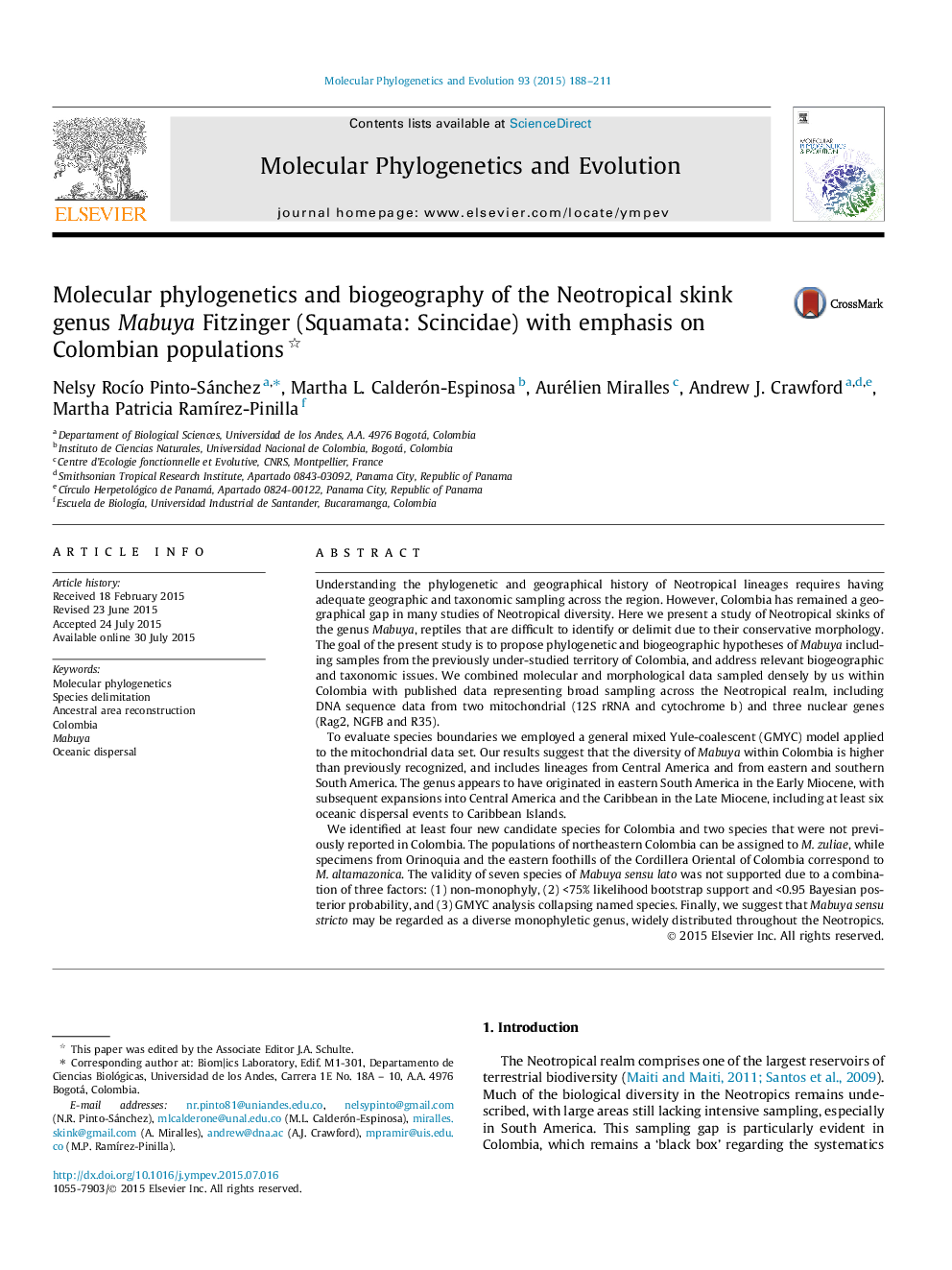 Molecular phylogenetics and biogeography of the Neotropical skink genus Mabuya Fitzinger (Squamata: Scincidae) with emphasis on Colombian populations