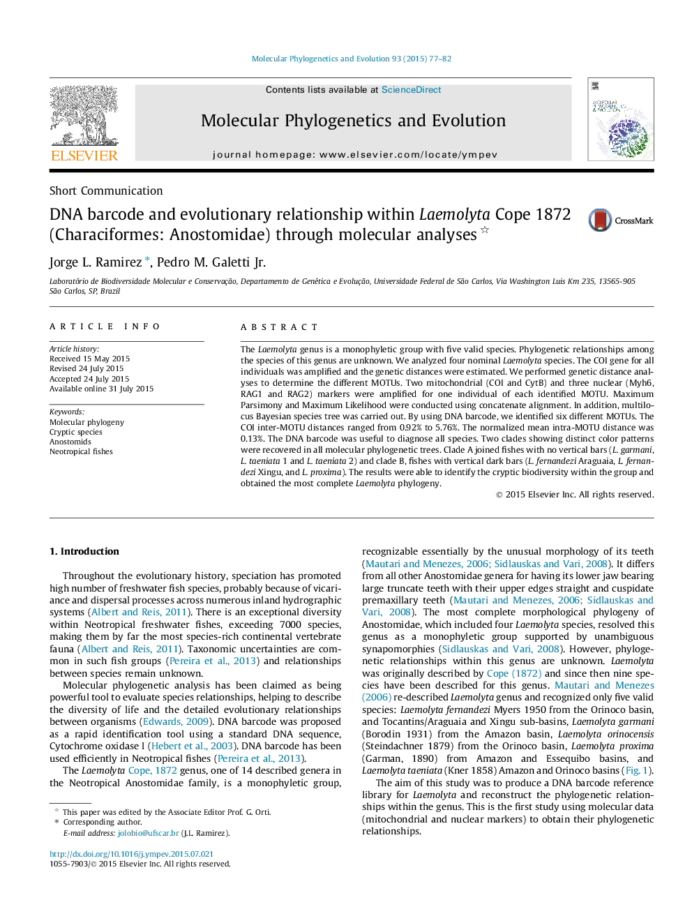 DNA barcode and evolutionary relationship within Laemolyta Cope 1872 (Characiformes: Anostomidae) through molecular analyses