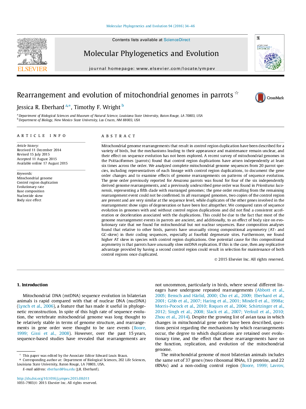 Rearrangement and evolution of mitochondrial genomes in parrots