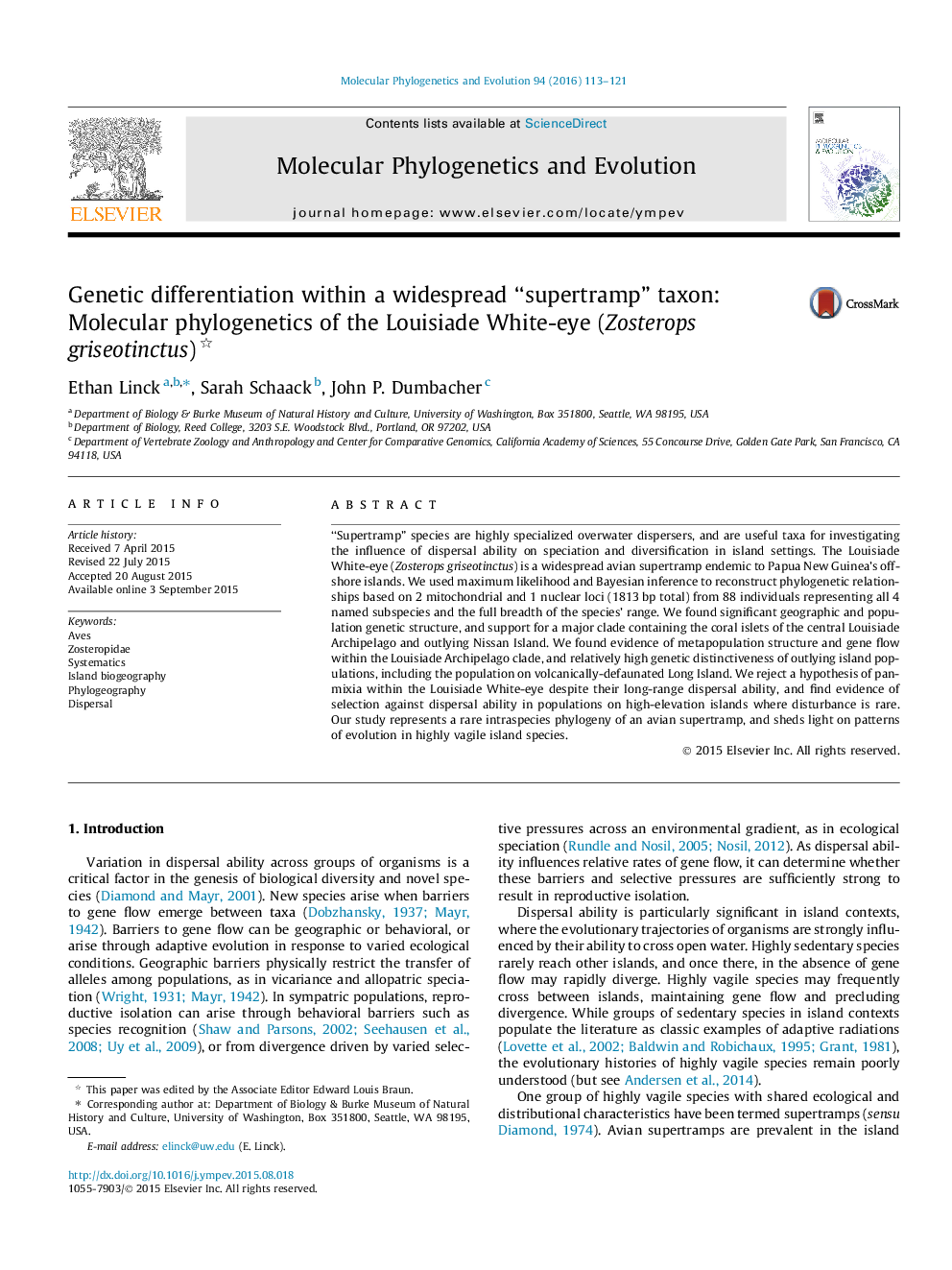 Genetic differentiation within a widespread “supertramp” taxon: Molecular phylogenetics of the Louisiade White-eye (Zosterops griseotinctus)