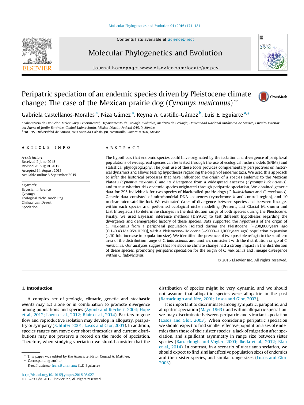 Peripatric speciation of an endemic species driven by Pleistocene climate change: The case of the Mexican prairie dog (Cynomys mexicanus)