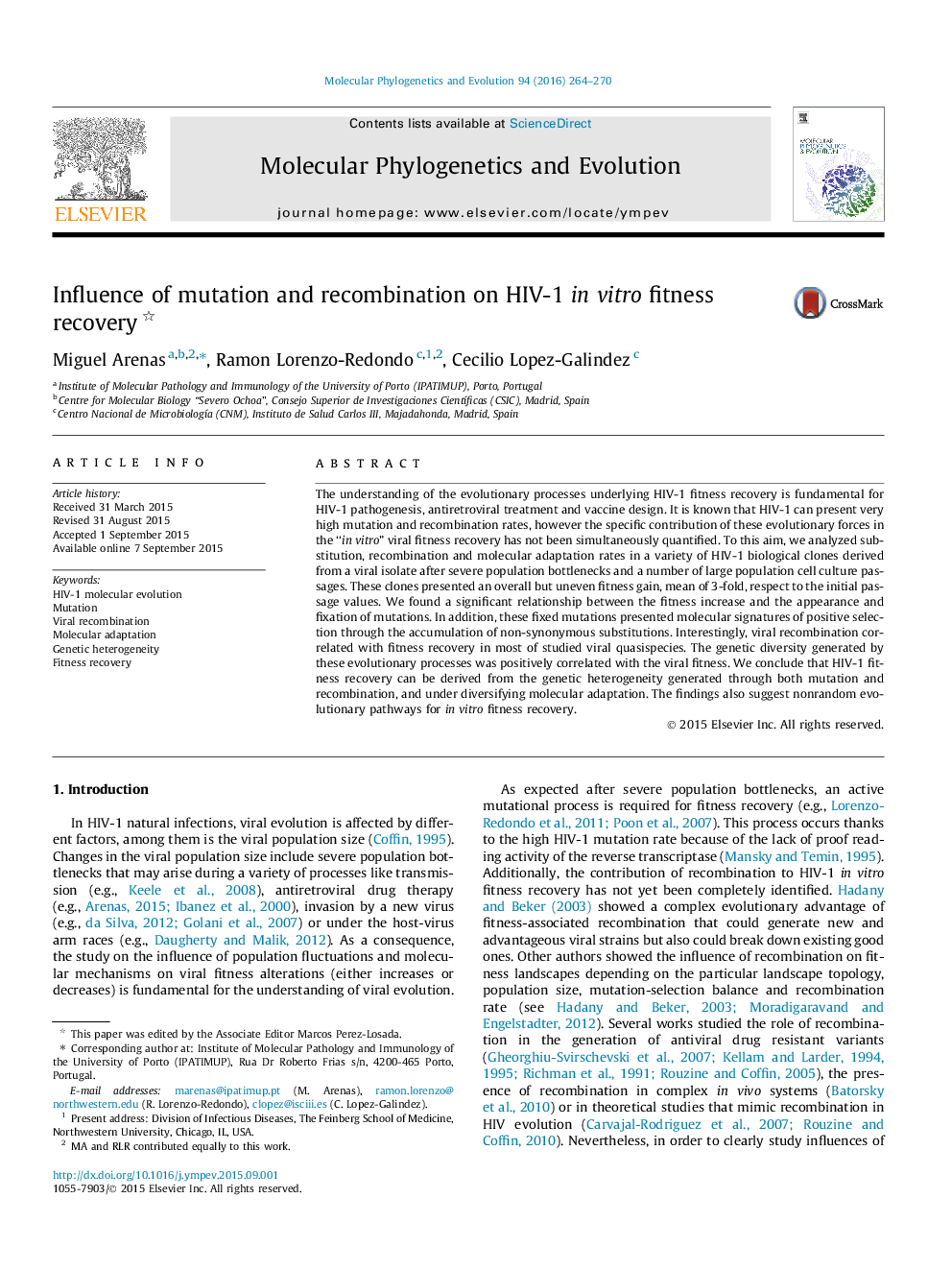 Influence of mutation and recombination on HIV-1 in vitro fitness recovery