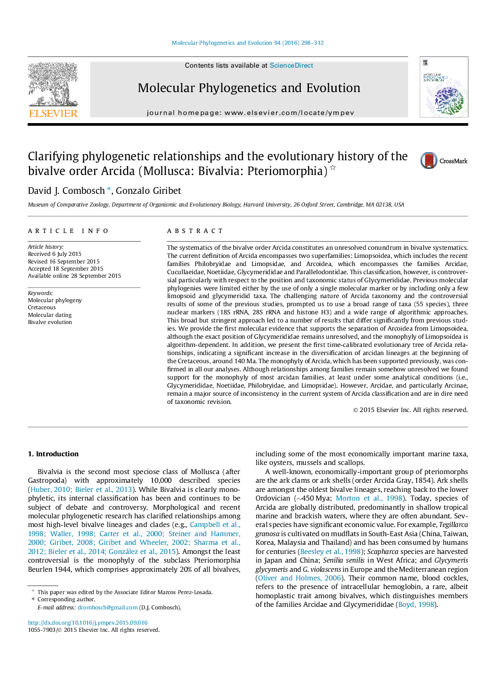 Clarifying phylogenetic relationships and the evolutionary history of the bivalve order Arcida (Mollusca: Bivalvia: Pteriomorphia)