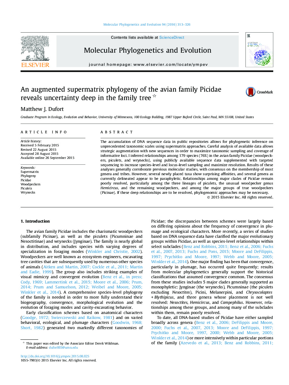 An augmented supermatrix phylogeny of the avian family Picidae reveals uncertainty deep in the family tree 