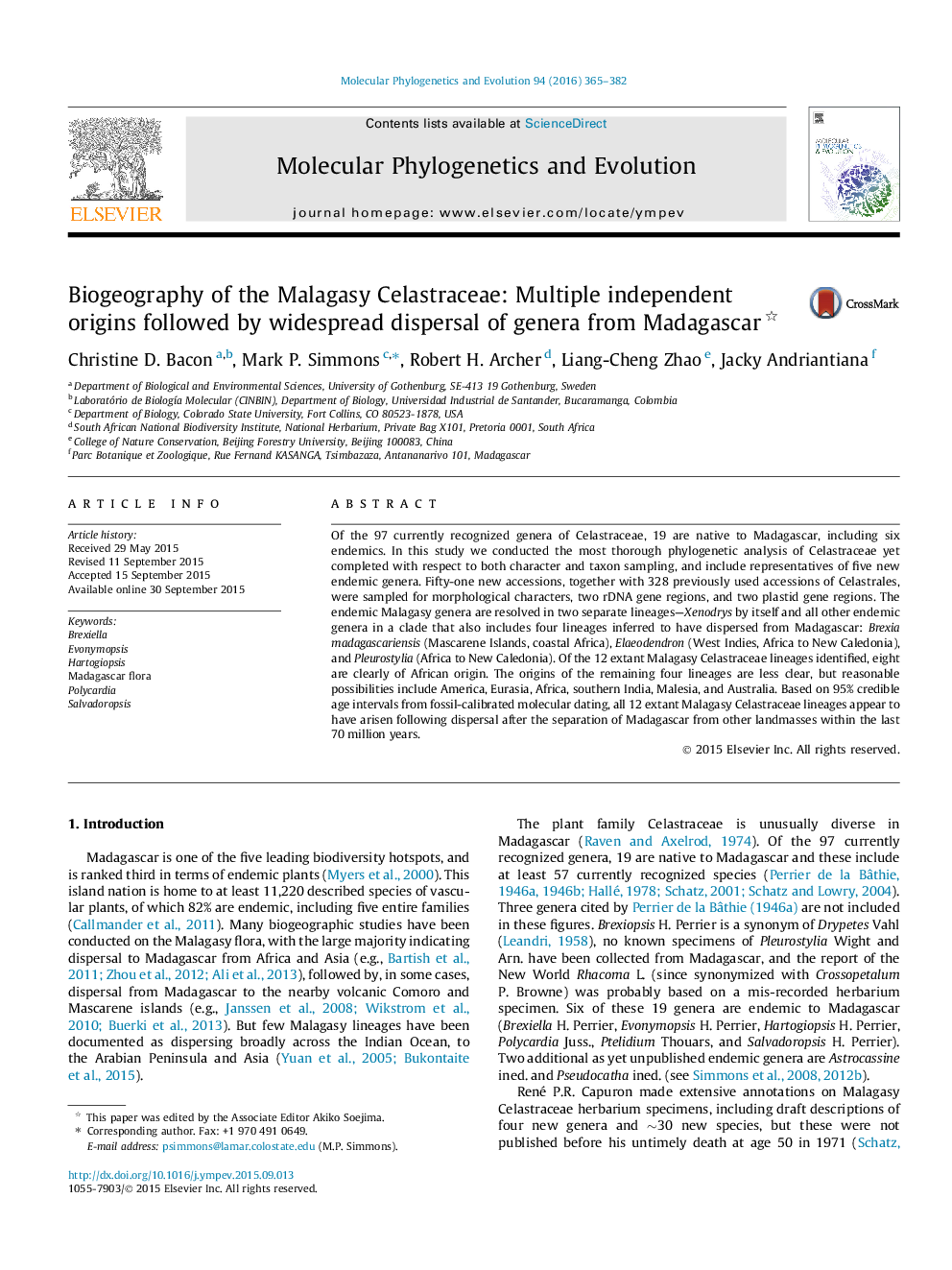 Biogeography of the Malagasy Celastraceae: Multiple independent origins followed by widespread dispersal of genera from Madagascar