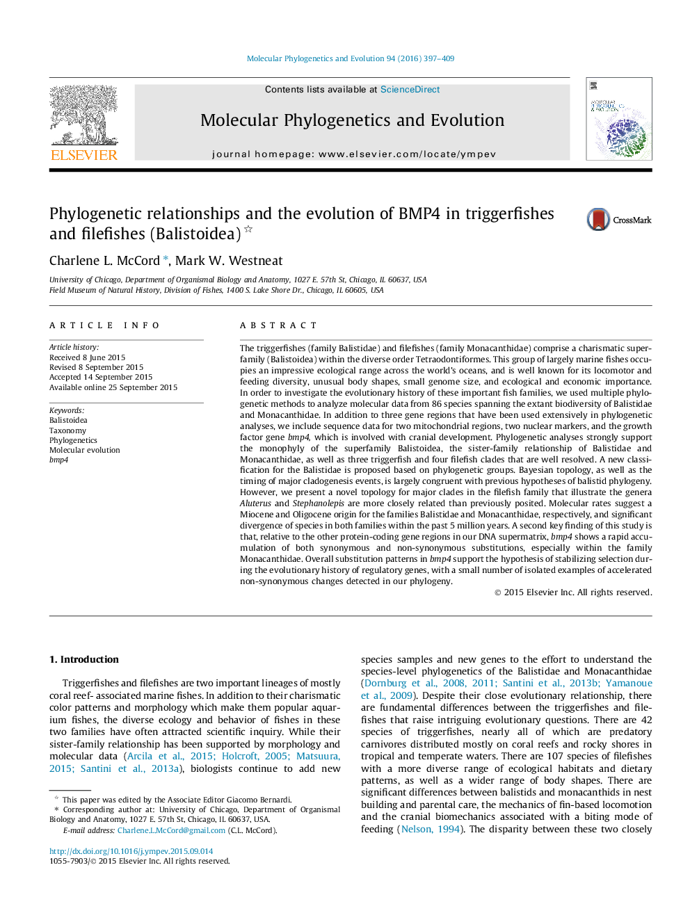 Phylogenetic relationships and the evolution of BMP4 in triggerfishes and filefishes (Balistoidea) 