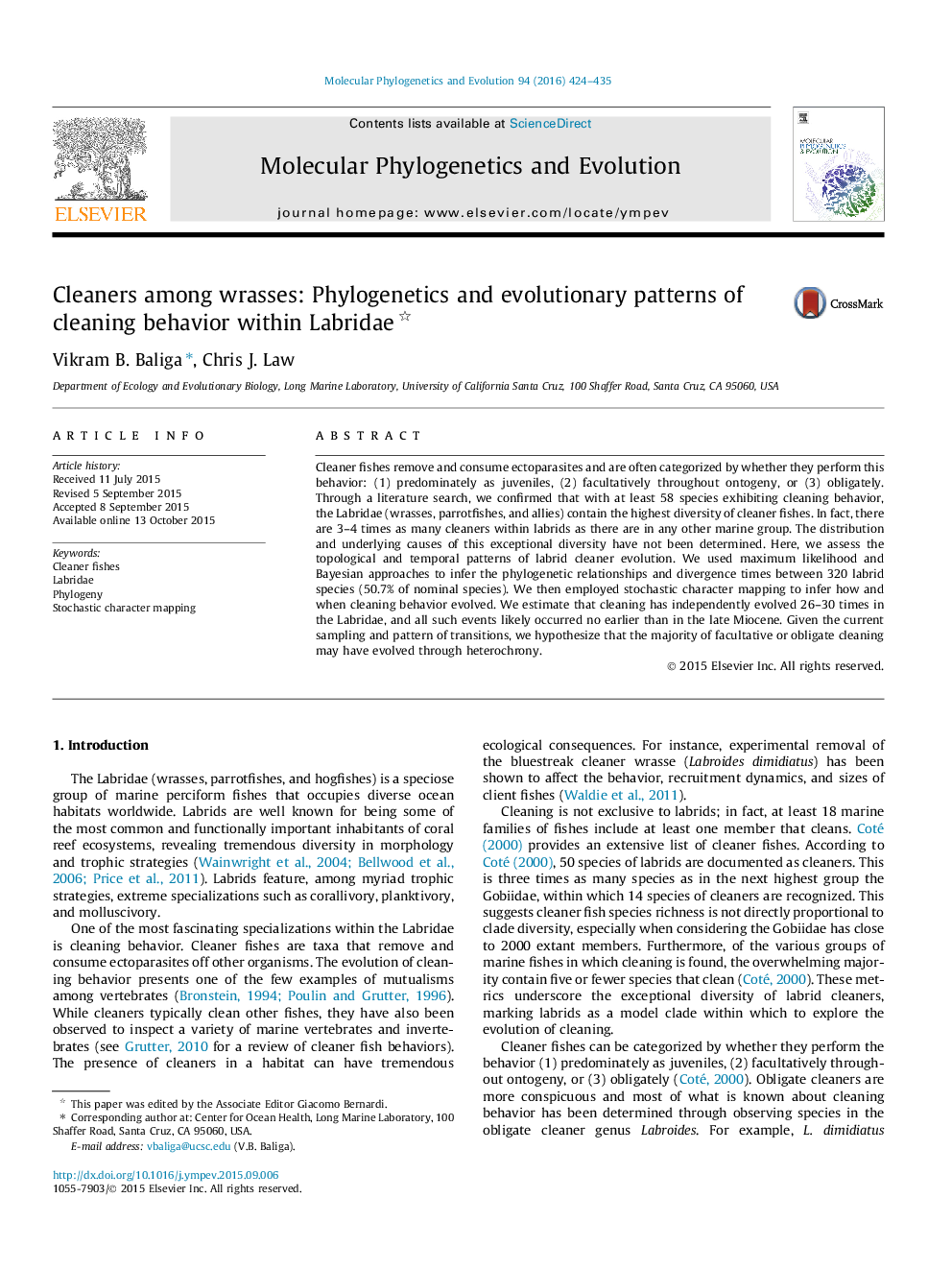 Cleaners among wrasses: Phylogenetics and evolutionary patterns of cleaning behavior within Labridae 