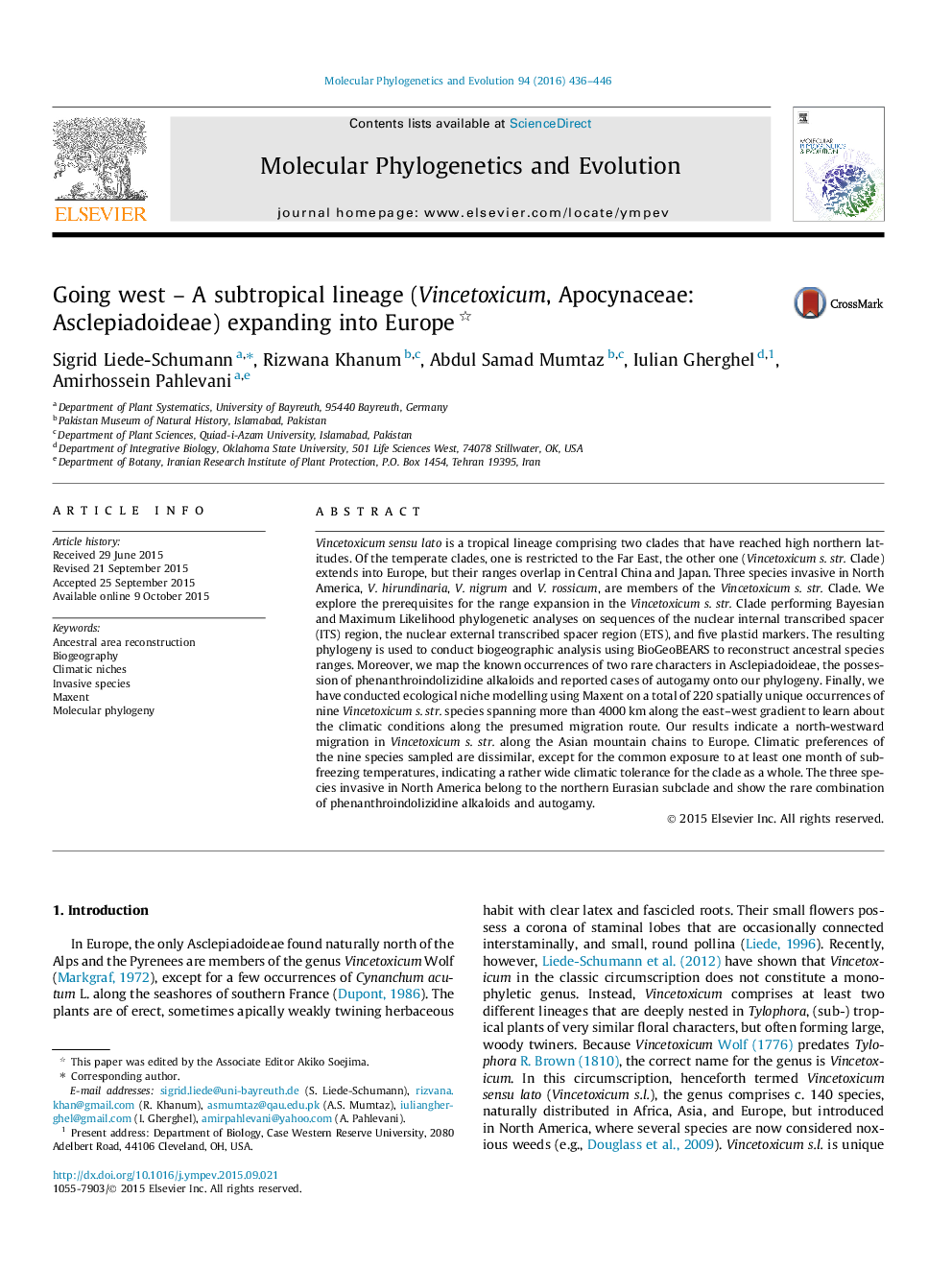 Going west - A subtropical lineage (Vincetoxicum, Apocynaceae: Asclepiadoideae) expanding into Europe