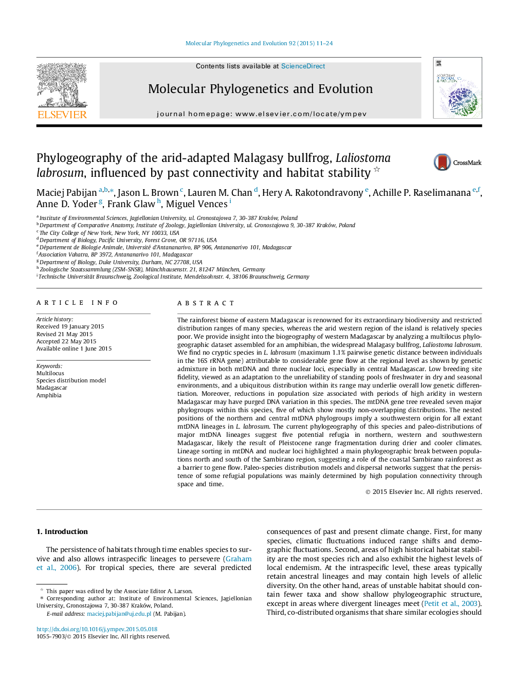 Phylogeography of the arid-adapted Malagasy bullfrog, Laliostoma labrosum, influenced by past connectivity and habitat stability