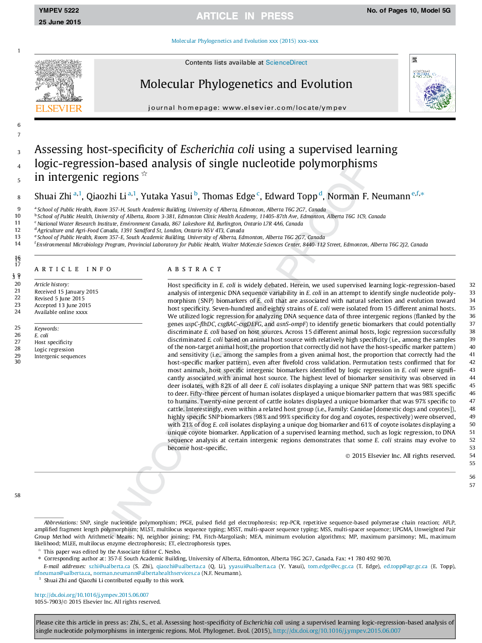 Assessing host-specificity of Escherichia coli using a supervised learning logic-regression-based analysis of single nucleotide polymorphisms in intergenic regions