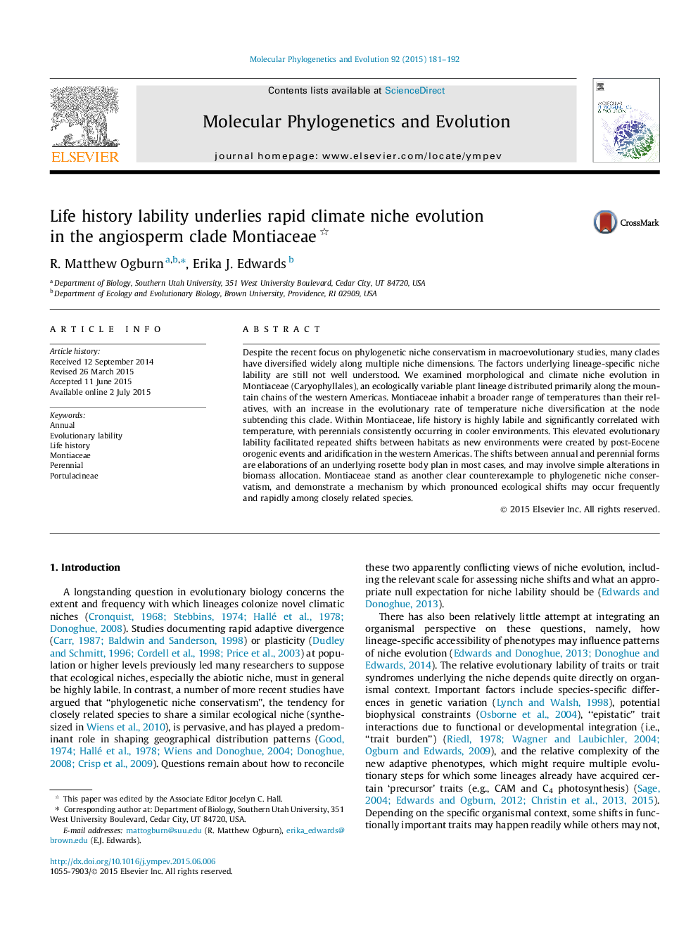 Life history lability underlies rapid climate niche evolution in the angiosperm clade Montiaceae