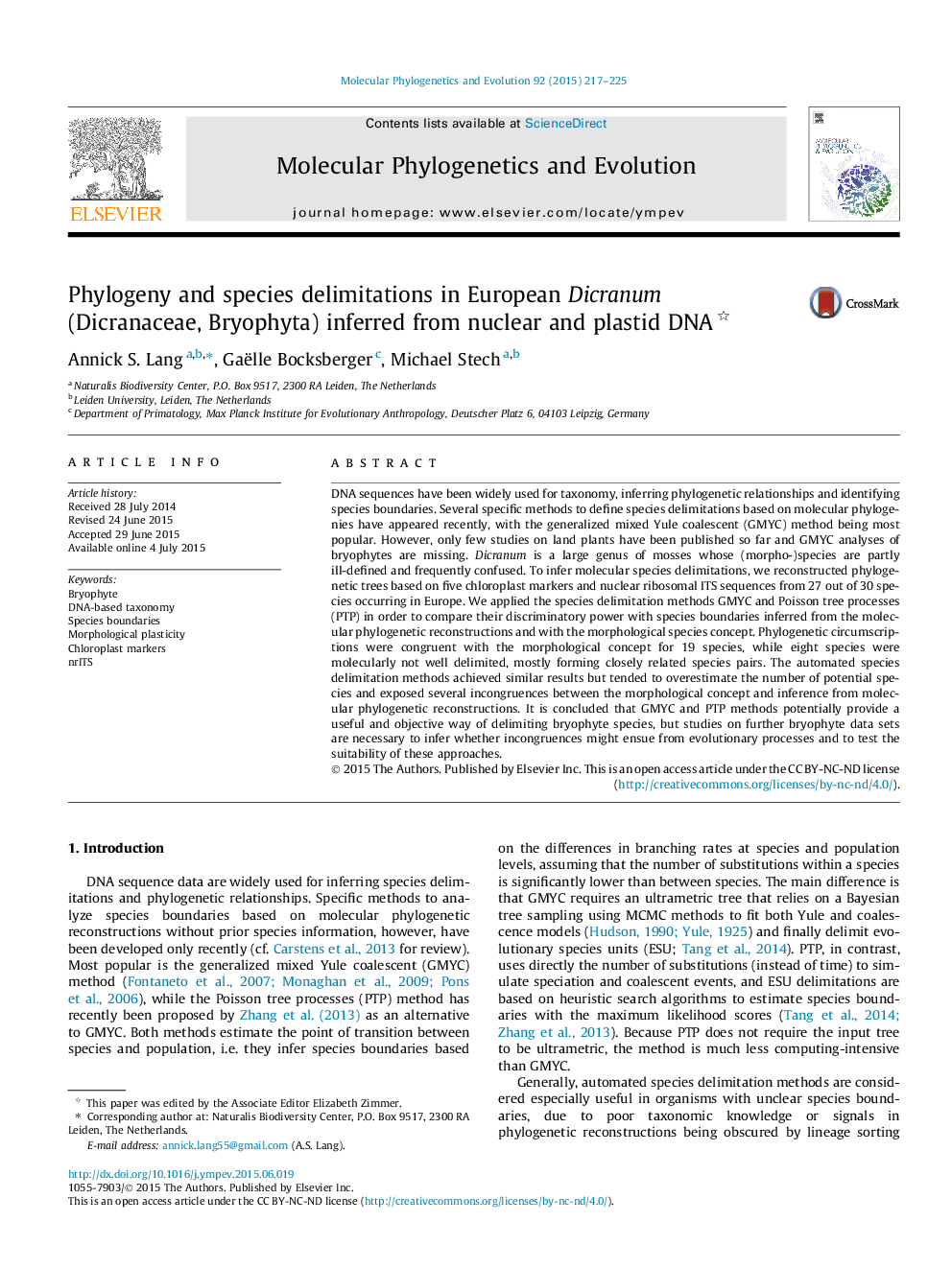 Phylogeny and species delimitations in European Dicranum (Dicranaceae, Bryophyta) inferred from nuclear and plastid DNA