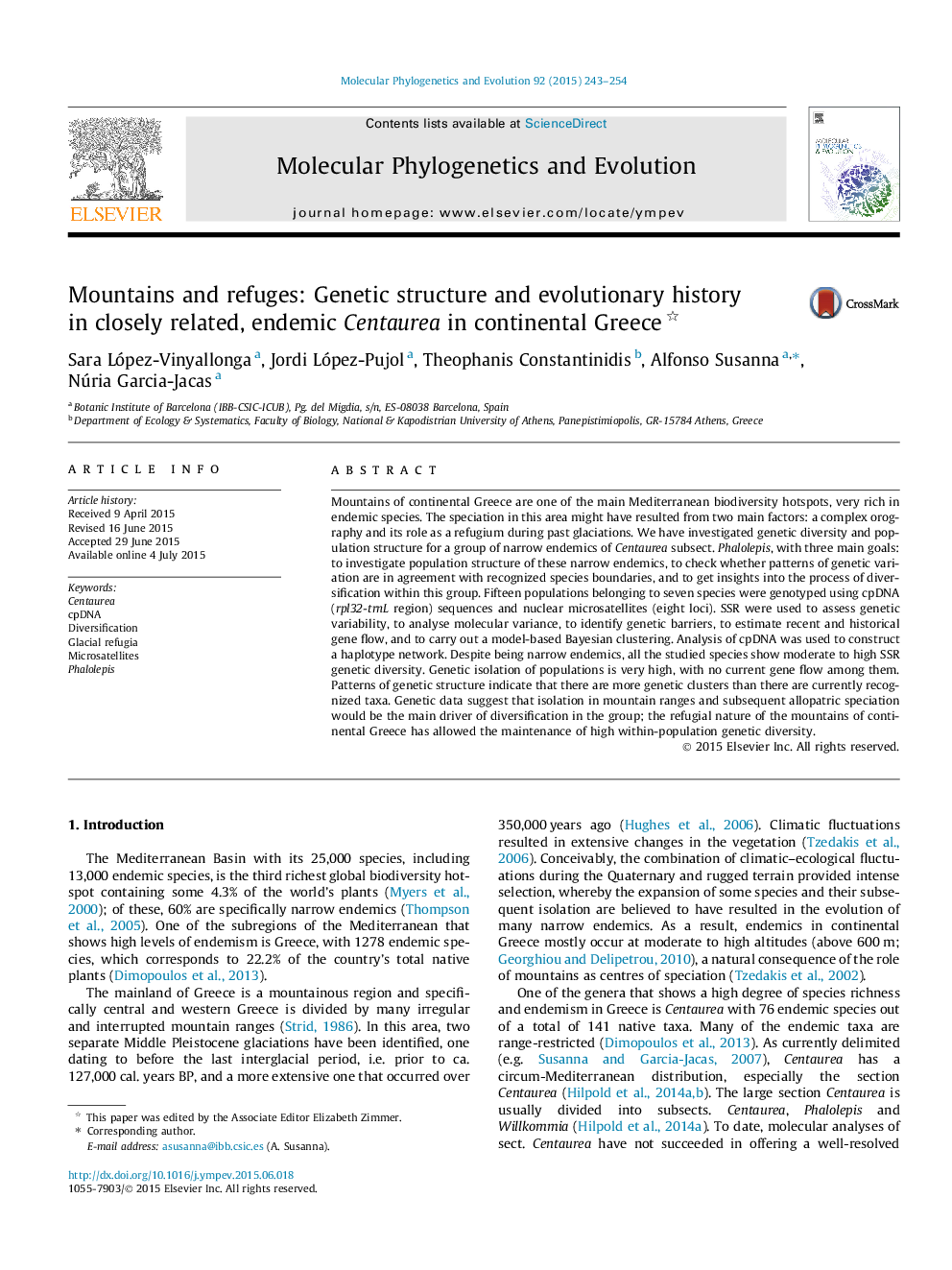 Mountains and refuges: Genetic structure and evolutionary history in closely related, endemic Centaurea in continental Greece