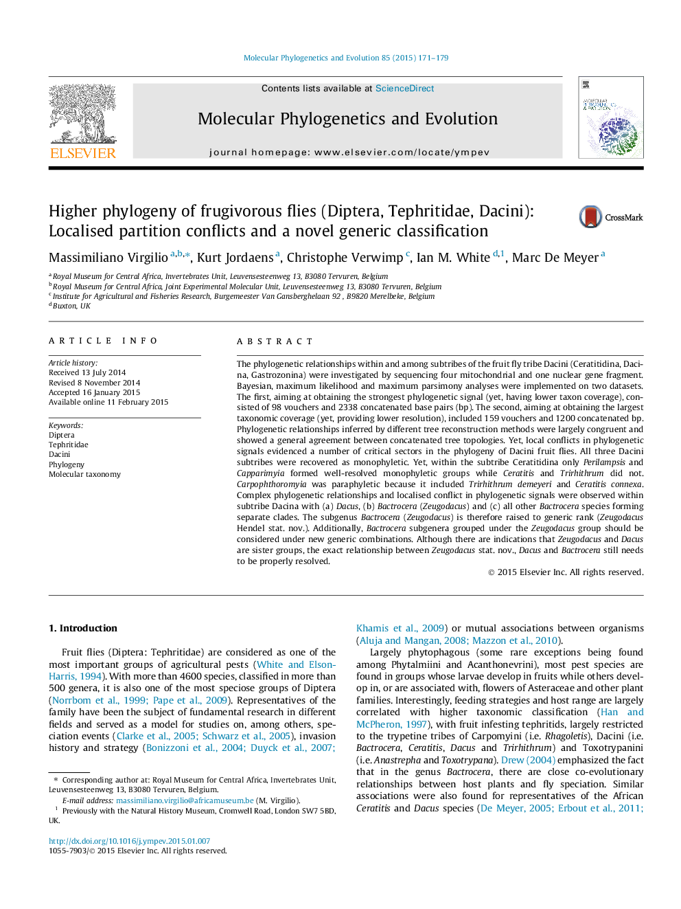 Higher phylogeny of frugivorous flies (Diptera, Tephritidae, Dacini): Localised partition conflicts and a novel generic classification