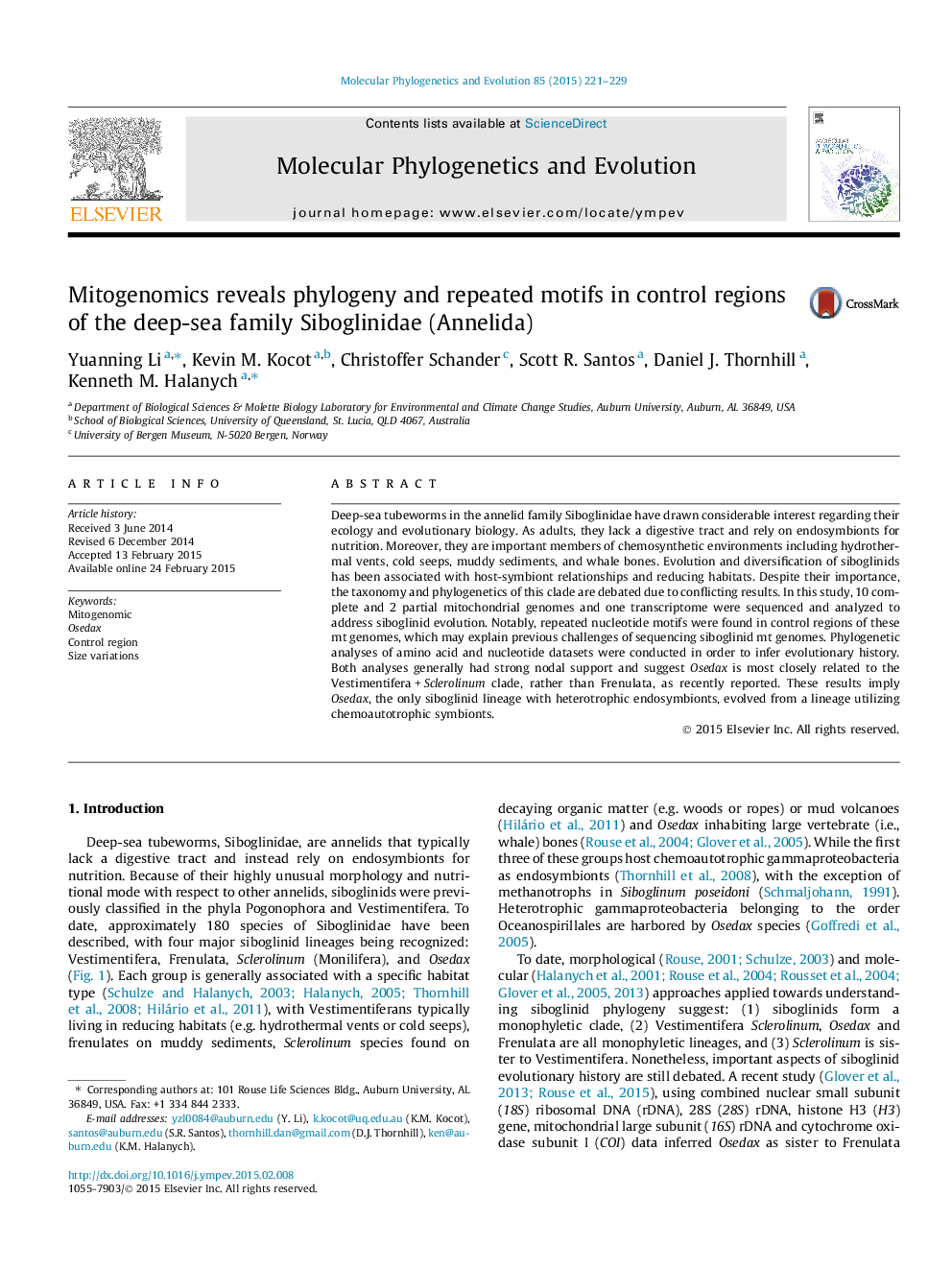 Mitogenomics reveals phylogeny and repeated motifs in control regions of the deep-sea family Siboglinidae (Annelida)