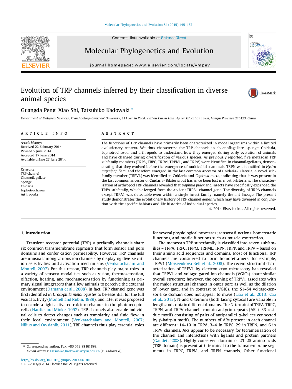 Evolution of TRP channels inferred by their classification in diverse animal species