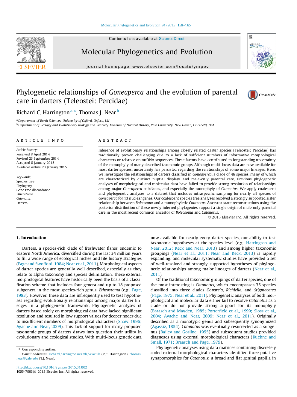 Phylogenetic relationships of Goneaperca and the evolution of parental care in darters (Teleostei: Percidae)