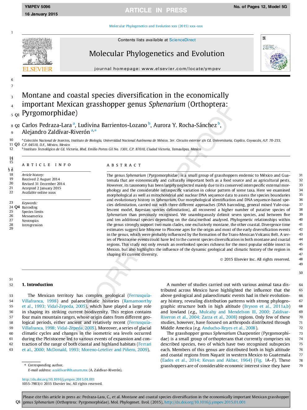 Montane and coastal species diversification in the economically important Mexican grasshopper genus Sphenarium (Orthoptera: Pyrgomorphidae)