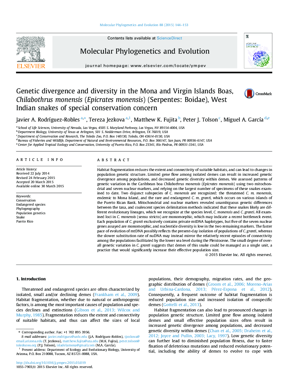 Genetic divergence and diversity in the Mona and Virgin Islands Boas, Chilabothrus monensis (Epicrates monensis) (Serpentes: Boidae), West Indian snakes of special conservation concern