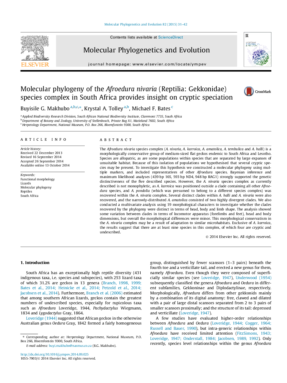 Molecular phylogeny of the Afroedura nivaria (Reptilia: Gekkonidae) species complex in South Africa provides insight on cryptic speciation