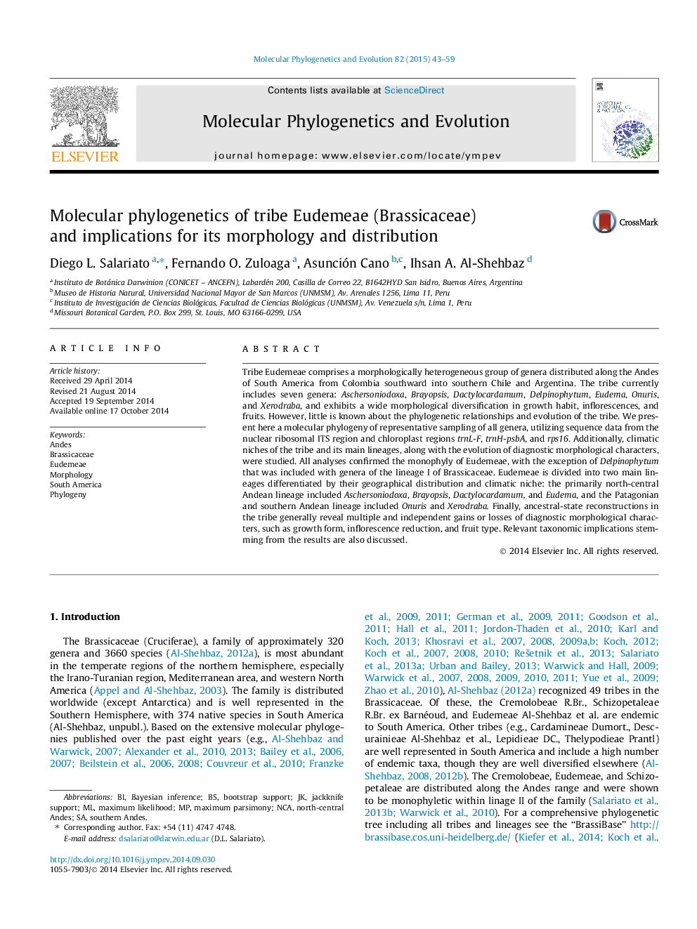 Molecular phylogenetics of tribe Eudemeae (Brassicaceae) and implications for its morphology and distribution