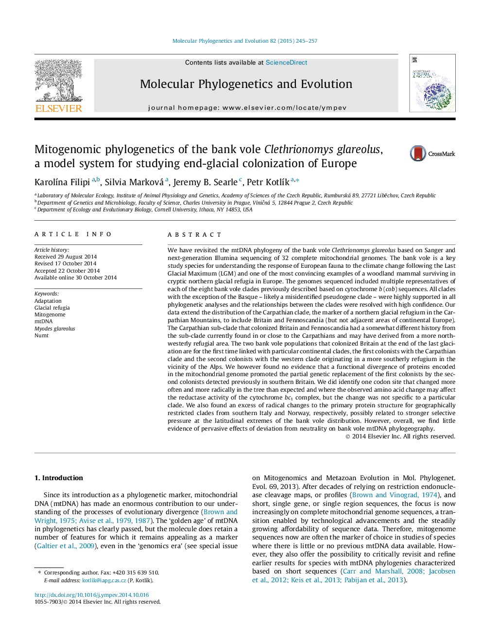 Mitogenomic phylogenetics of the bank vole Clethrionomys glareolus, a model system for studying end-glacial colonization of Europe