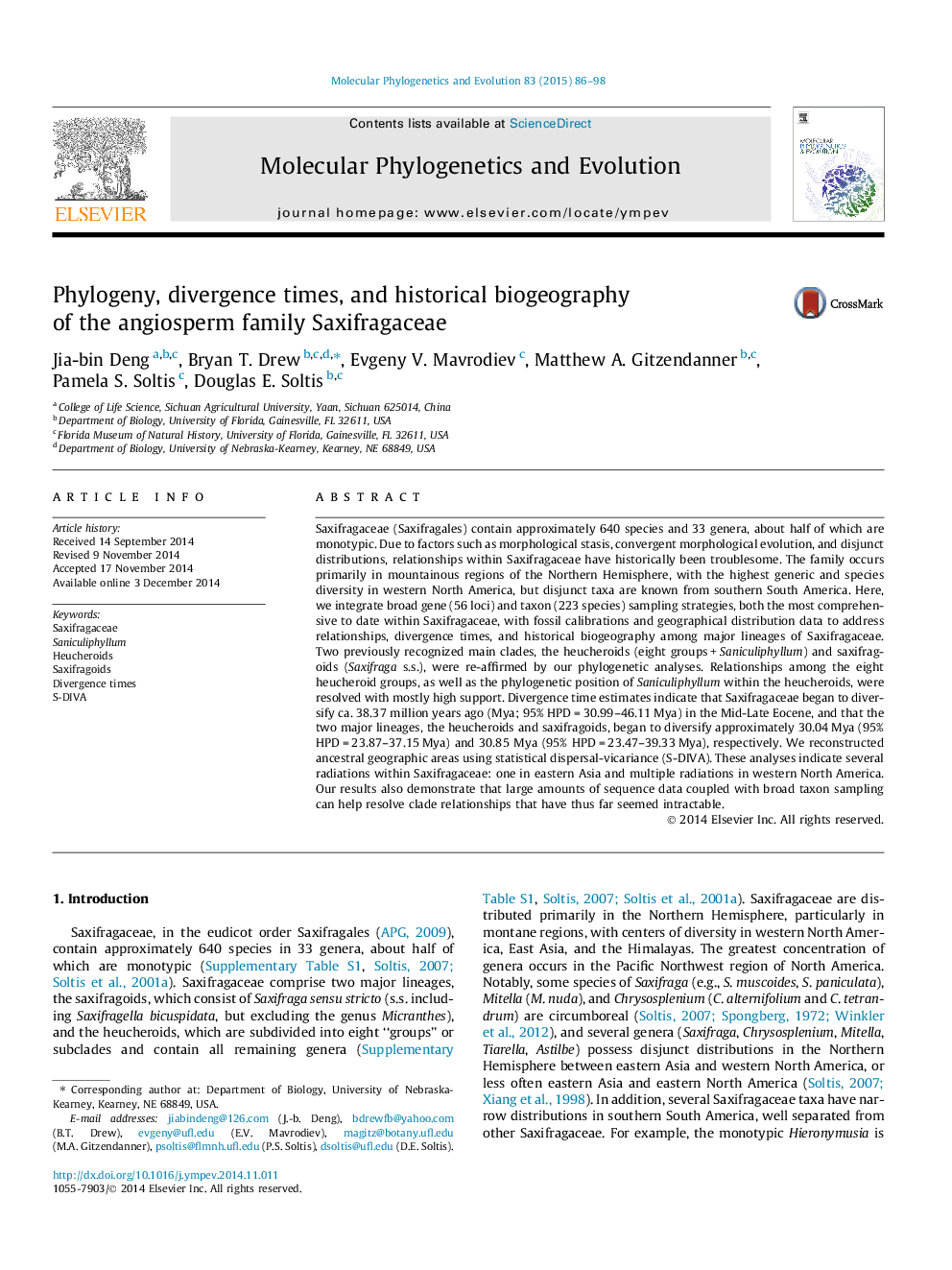 Phylogeny, divergence times, and historical biogeography of the angiosperm family Saxifragaceae