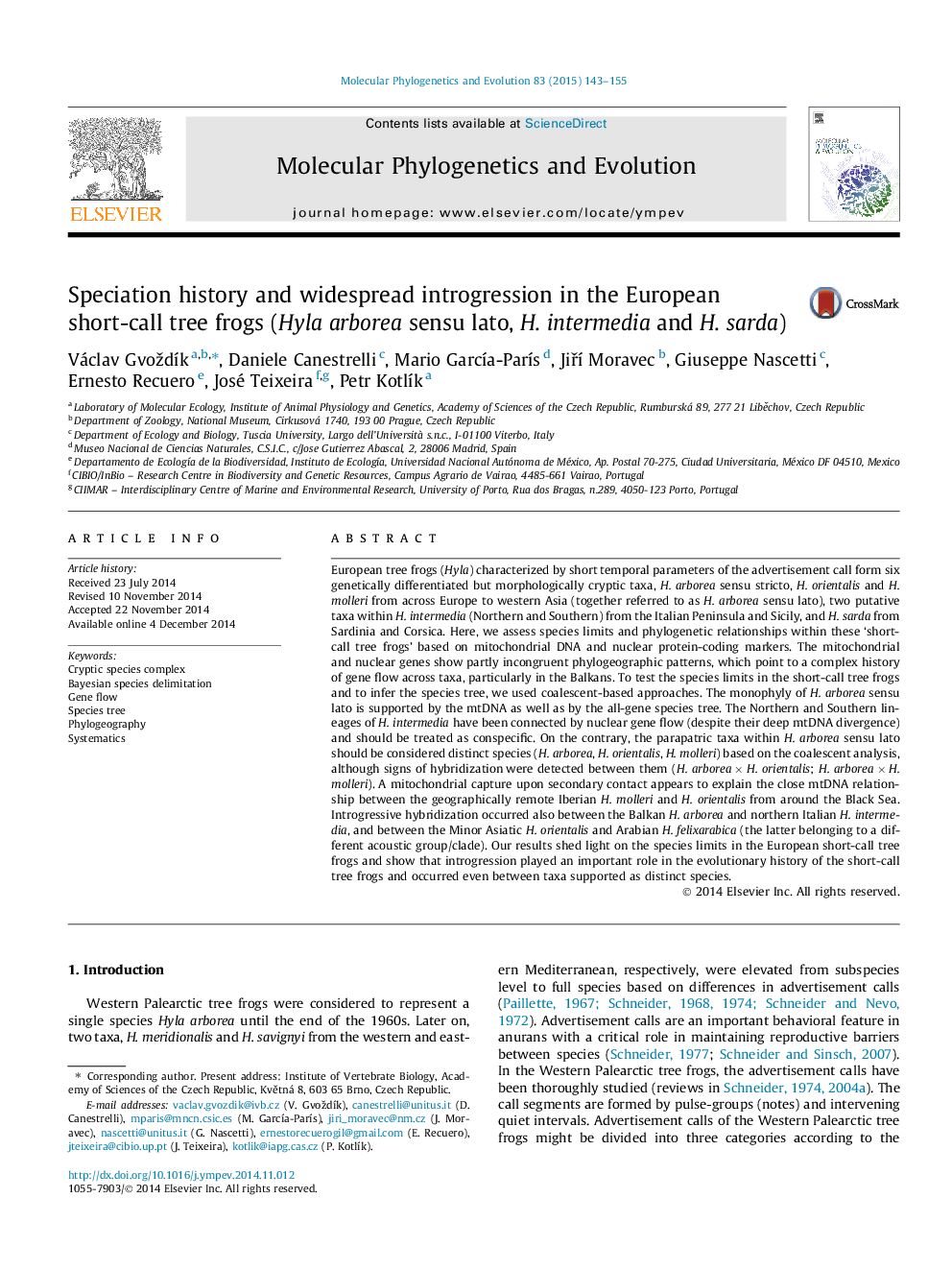 Speciation history and widespread introgression in the European short-call tree frogs (Hyla arborea sensu lato, H. intermedia and H. sarda)