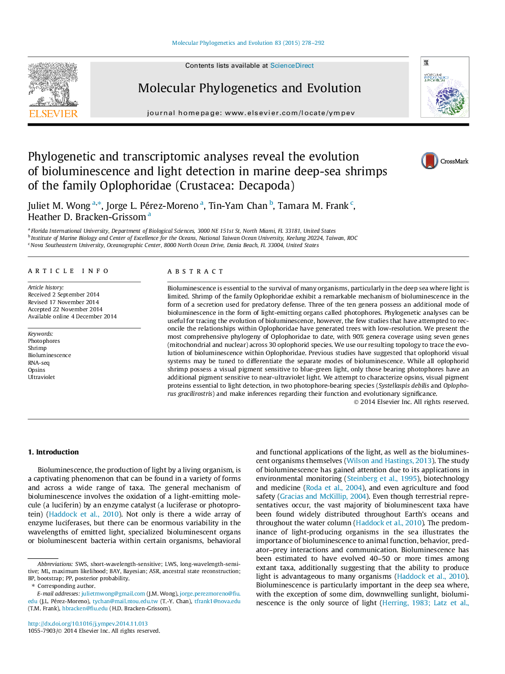 Phylogenetic and transcriptomic analyses reveal the evolution of bioluminescence and light detection in marine deep-sea shrimps of the family Oplophoridae (Crustacea: Decapoda)