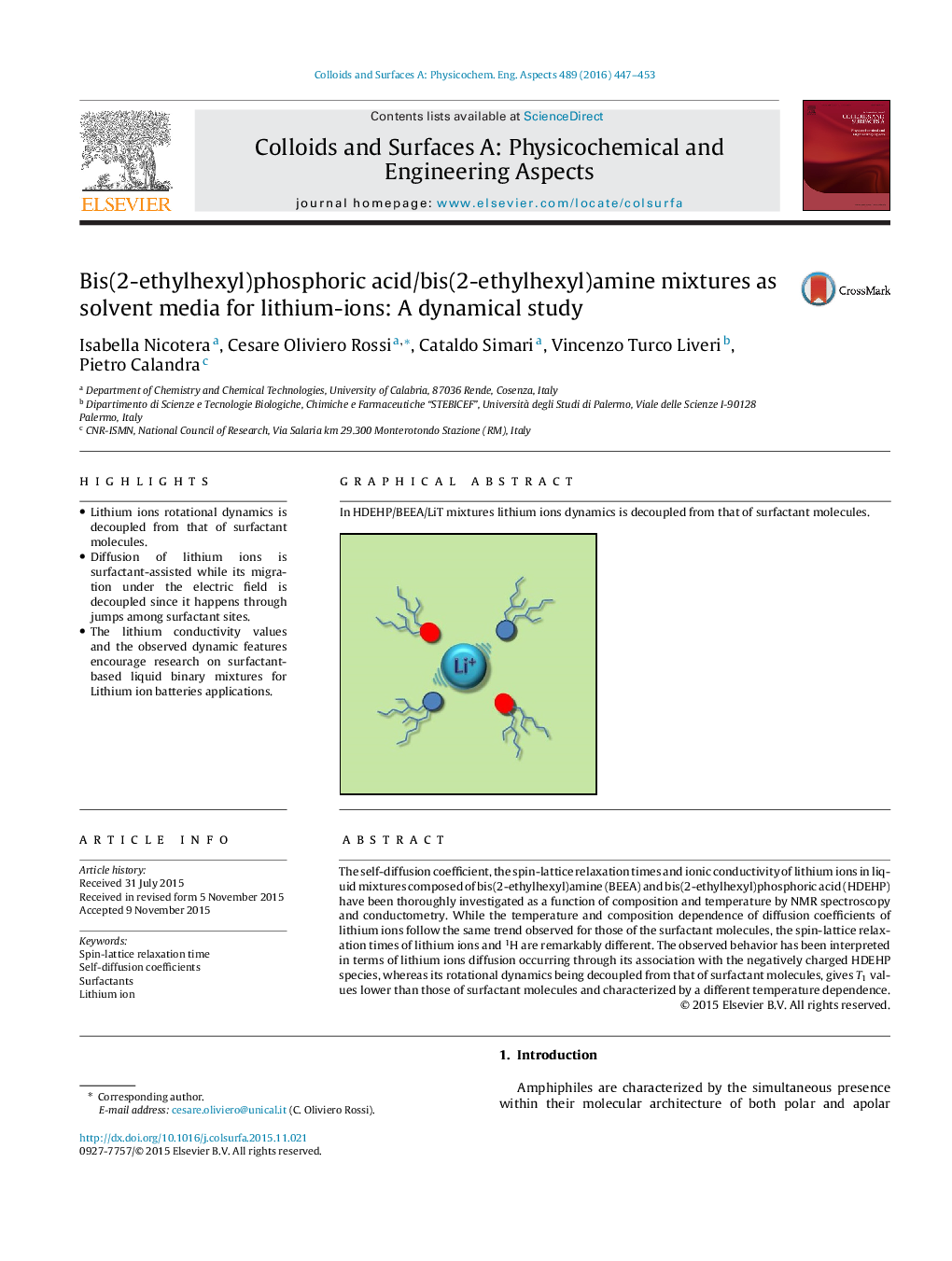 Bis(2-ethylhexyl)phosphoric acid/bis(2-ethylhexyl)amine mixtures as solvent media for lithium-ions: A dynamical study