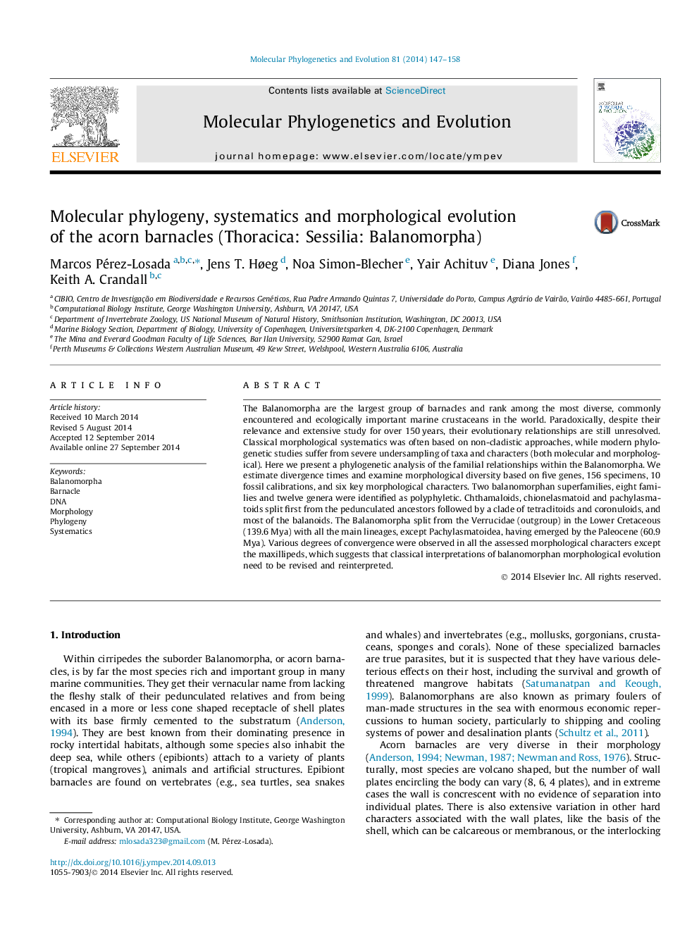 Molecular phylogeny, systematics and morphological evolution of the acorn barnacles (Thoracica: Sessilia: Balanomorpha)