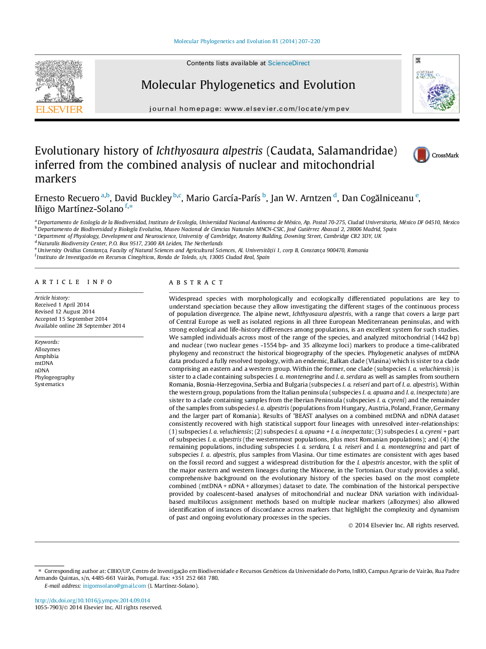 Evolutionary history of Ichthyosaura alpestris (Caudata, Salamandridae) inferred from the combined analysis of nuclear and mitochondrial markers