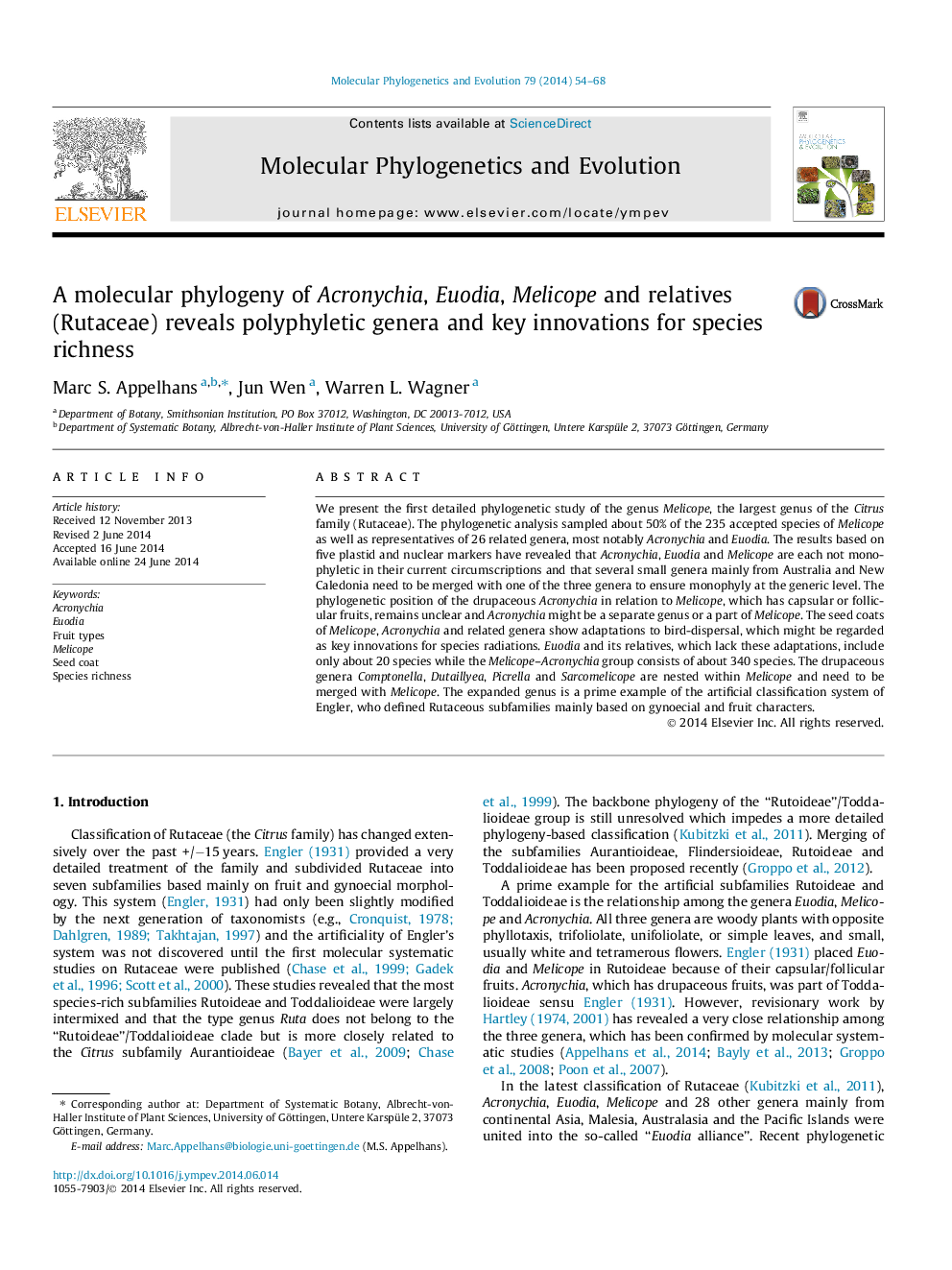 A molecular phylogeny of Acronychia, Euodia, Melicope and relatives (Rutaceae) reveals polyphyletic genera and key innovations for species richness