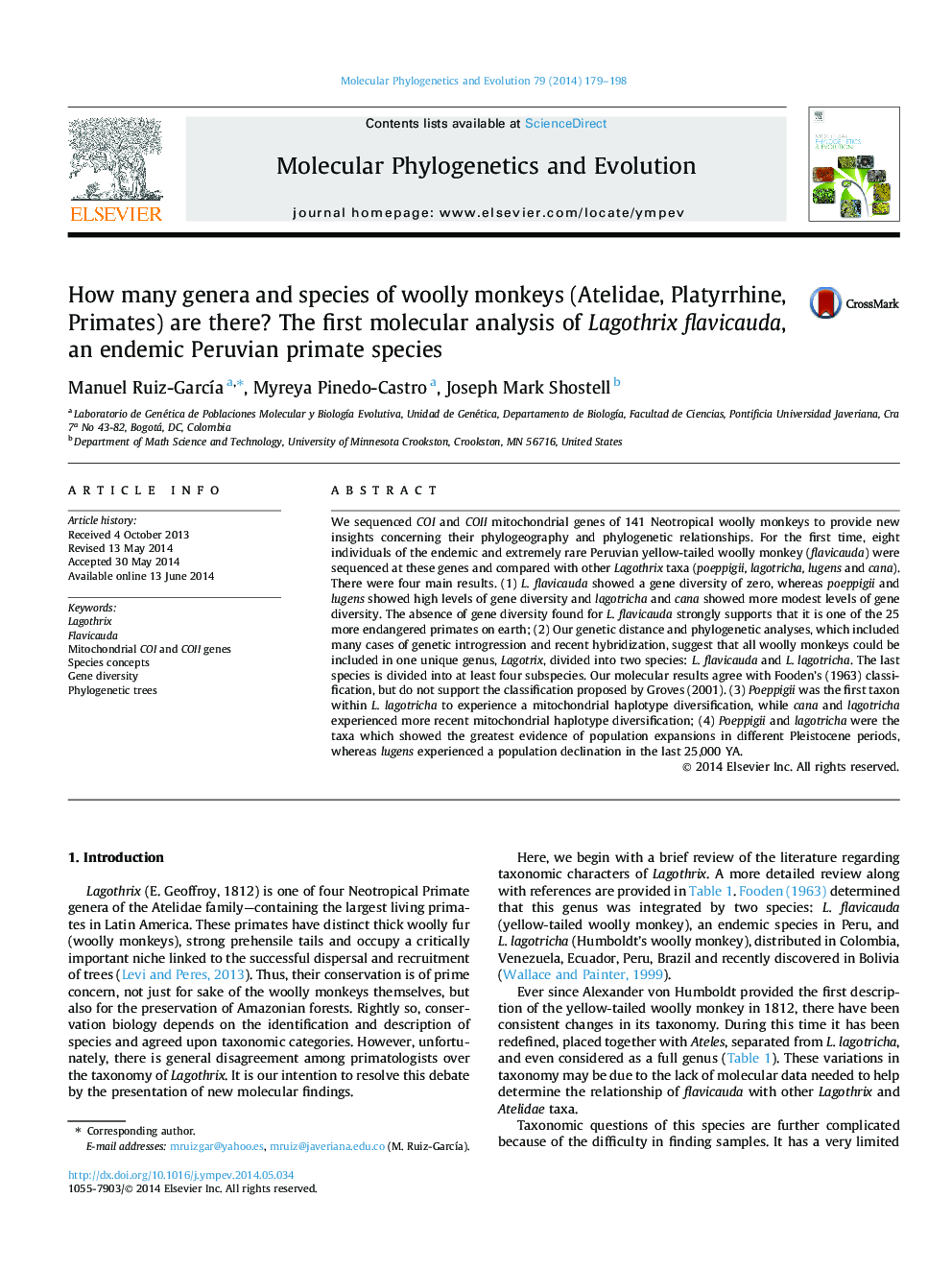 How many genera and species of woolly monkeys (Atelidae, Platyrrhine, Primates) are there? The first molecular analysis of Lagothrix flavicauda, an endemic Peruvian primate species