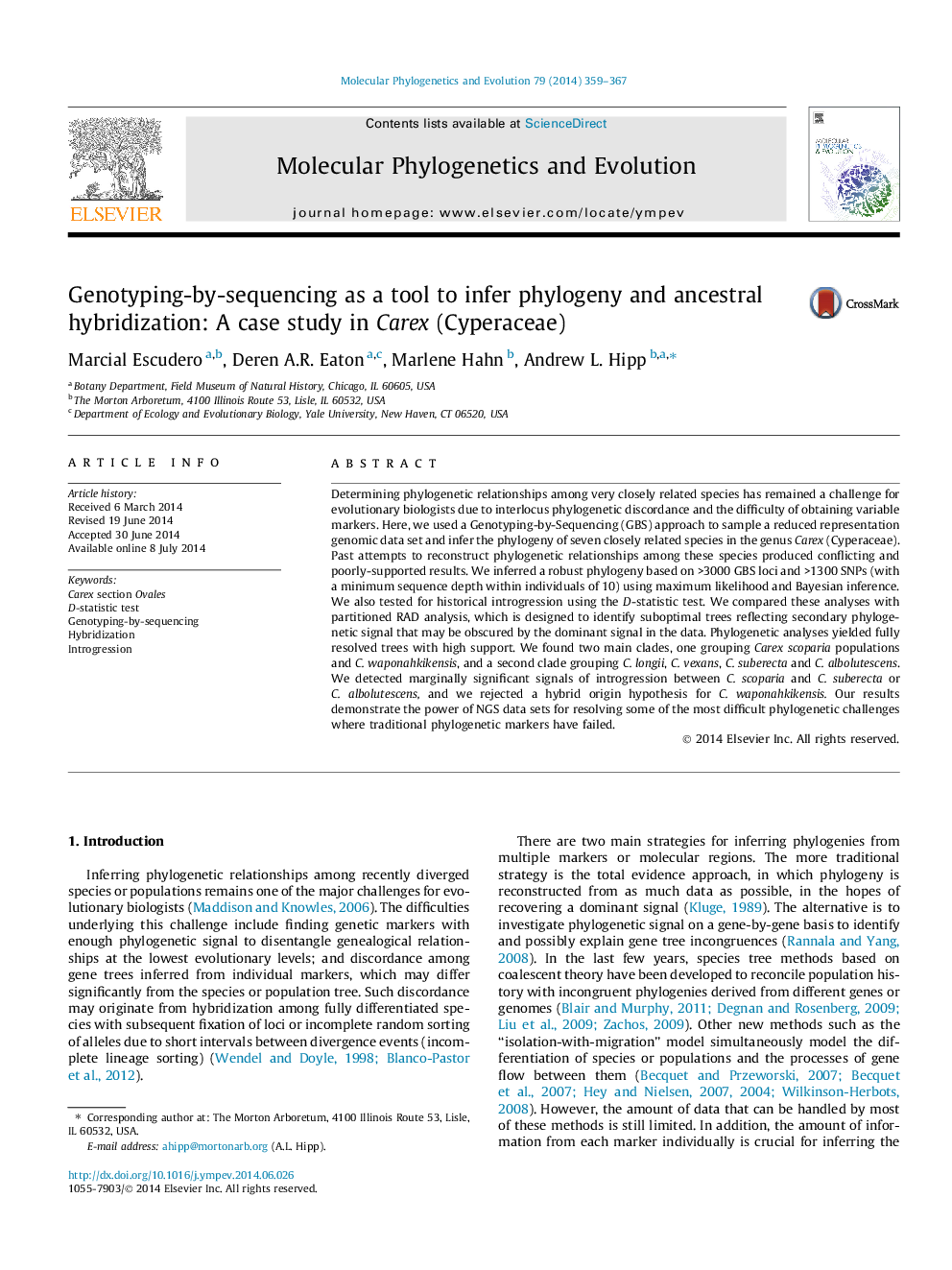 Genotyping-by-sequencing as a tool to infer phylogeny and ancestral hybridization: A case study in Carex (Cyperaceae)