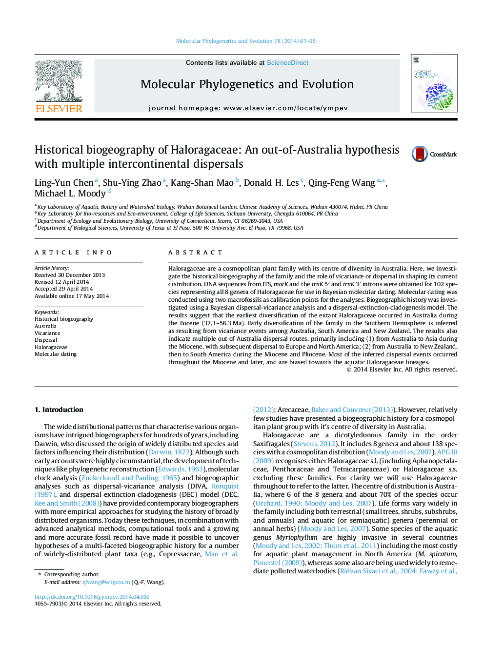 Historical biogeography of Haloragaceae: An out-of-Australia hypothesis with multiple intercontinental dispersals