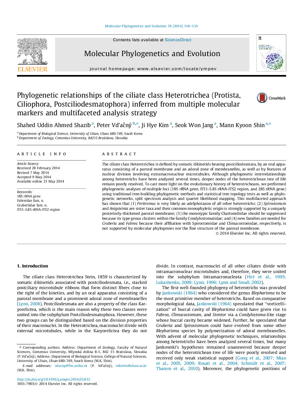 Phylogenetic relationships of the ciliate class Heterotrichea (Protista, Ciliophora, Postciliodesmatophora) inferred from multiple molecular markers and multifaceted analysis strategy