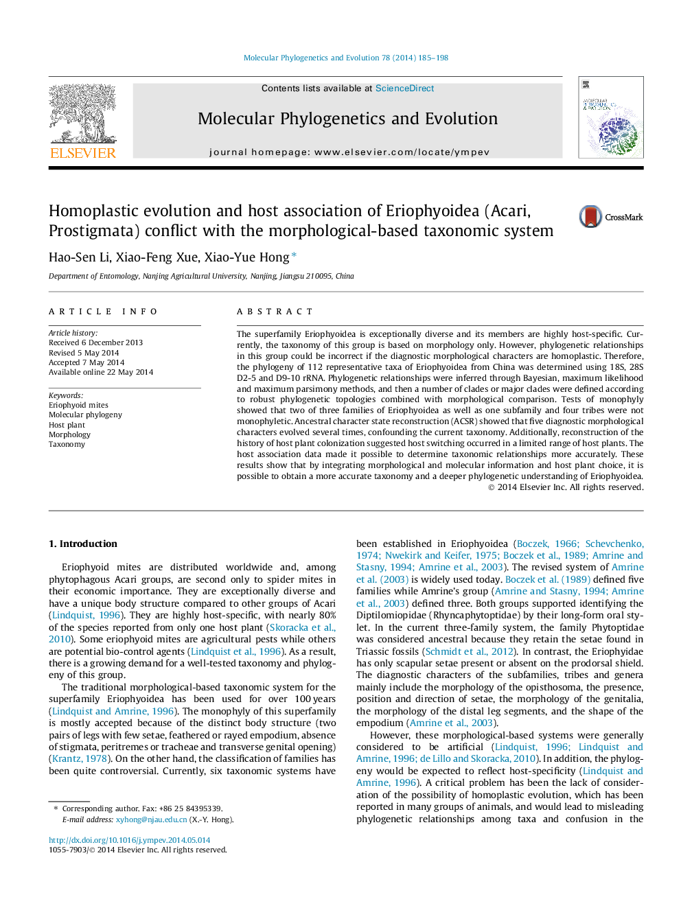 Homoplastic evolution and host association of Eriophyoidea (Acari, Prostigmata) conflict with the morphological-based taxonomic system