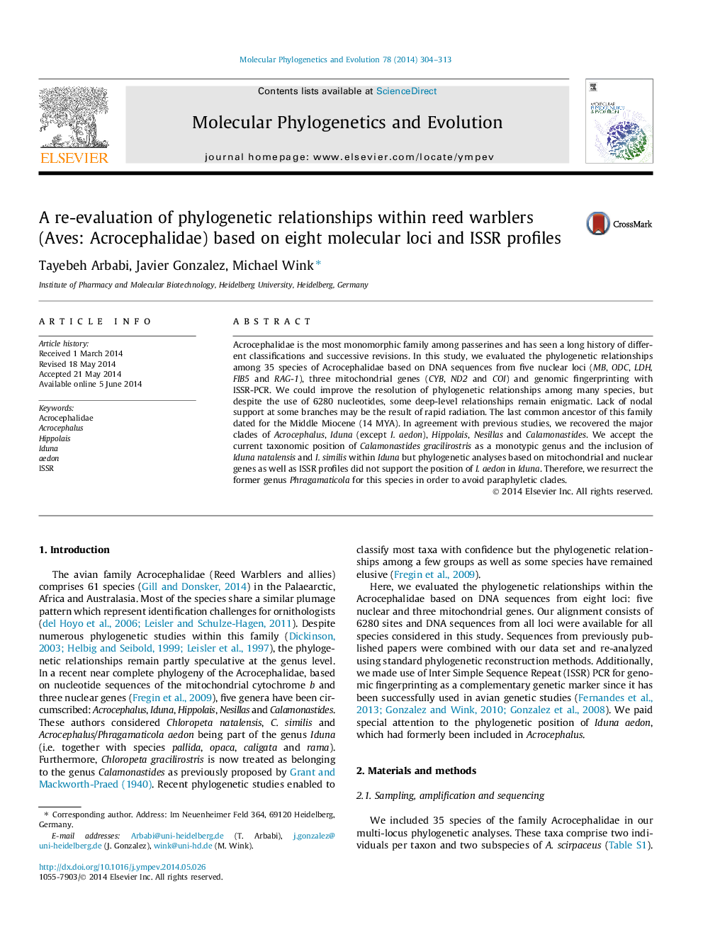 A re-evaluation of phylogenetic relationships within reed warblers (Aves: Acrocephalidae) based on eight molecular loci and ISSR profiles