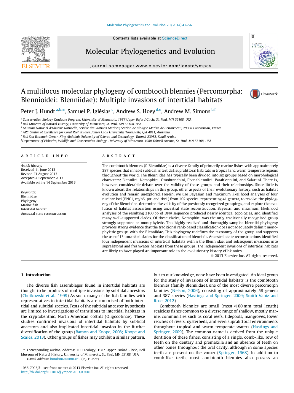 A multilocus molecular phylogeny of combtooth blennies (Percomorpha: Blennioidei: Blenniidae): Multiple invasions of intertidal habitats