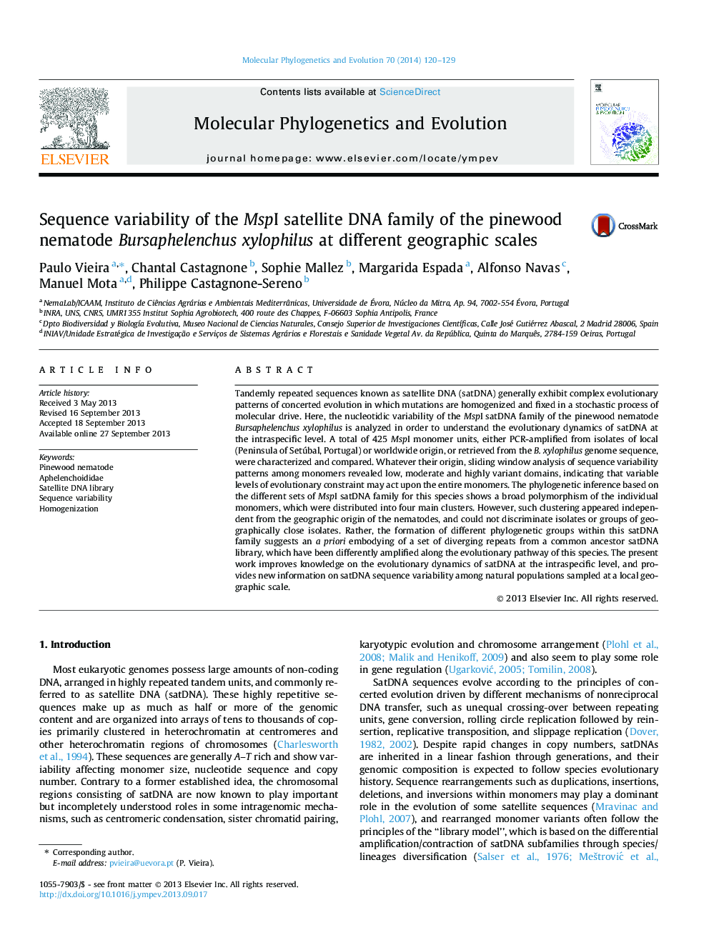 Sequence variability of the MspI satellite DNA family of the pinewood nematode Bursaphelenchus xylophilus at different geographic scales