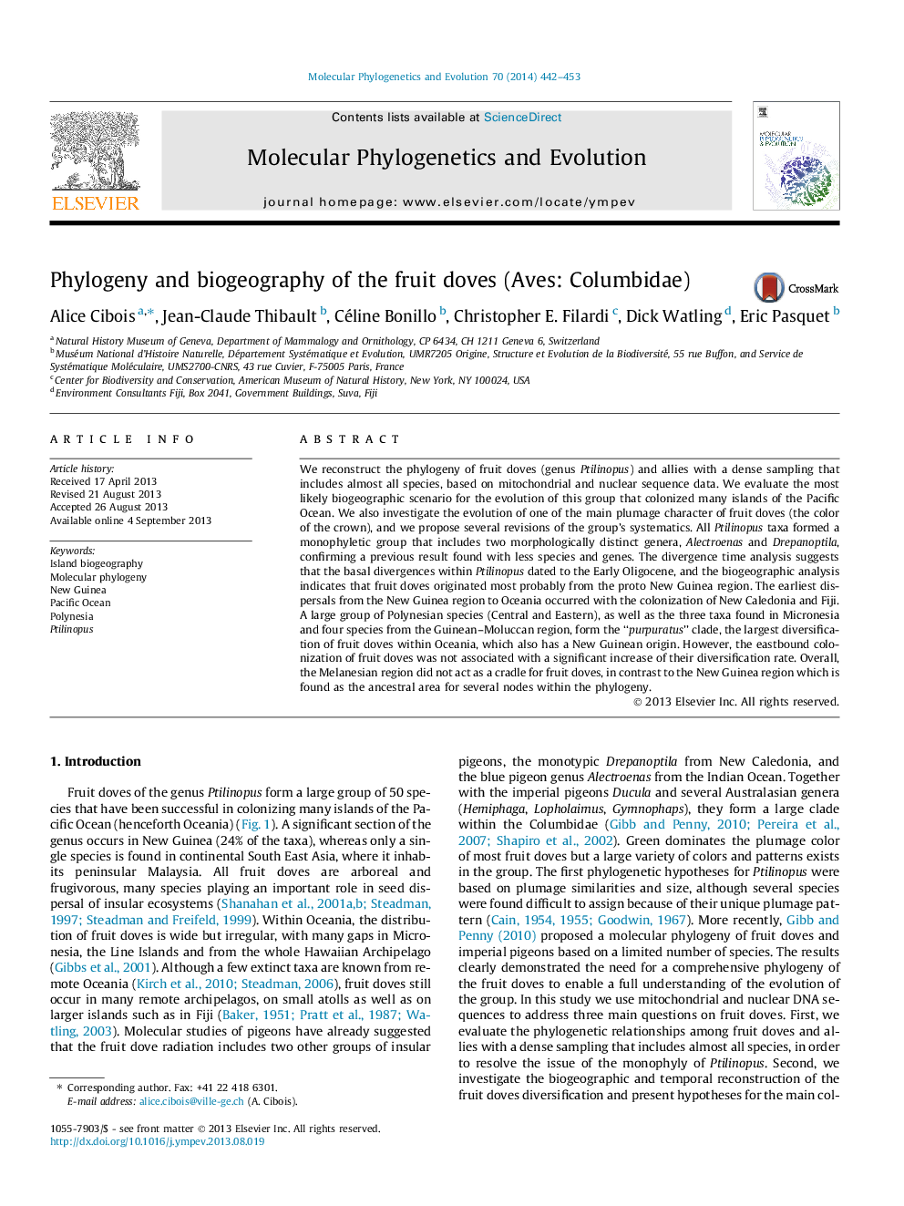 Phylogeny and biogeography of the fruit doves (Aves: Columbidae)