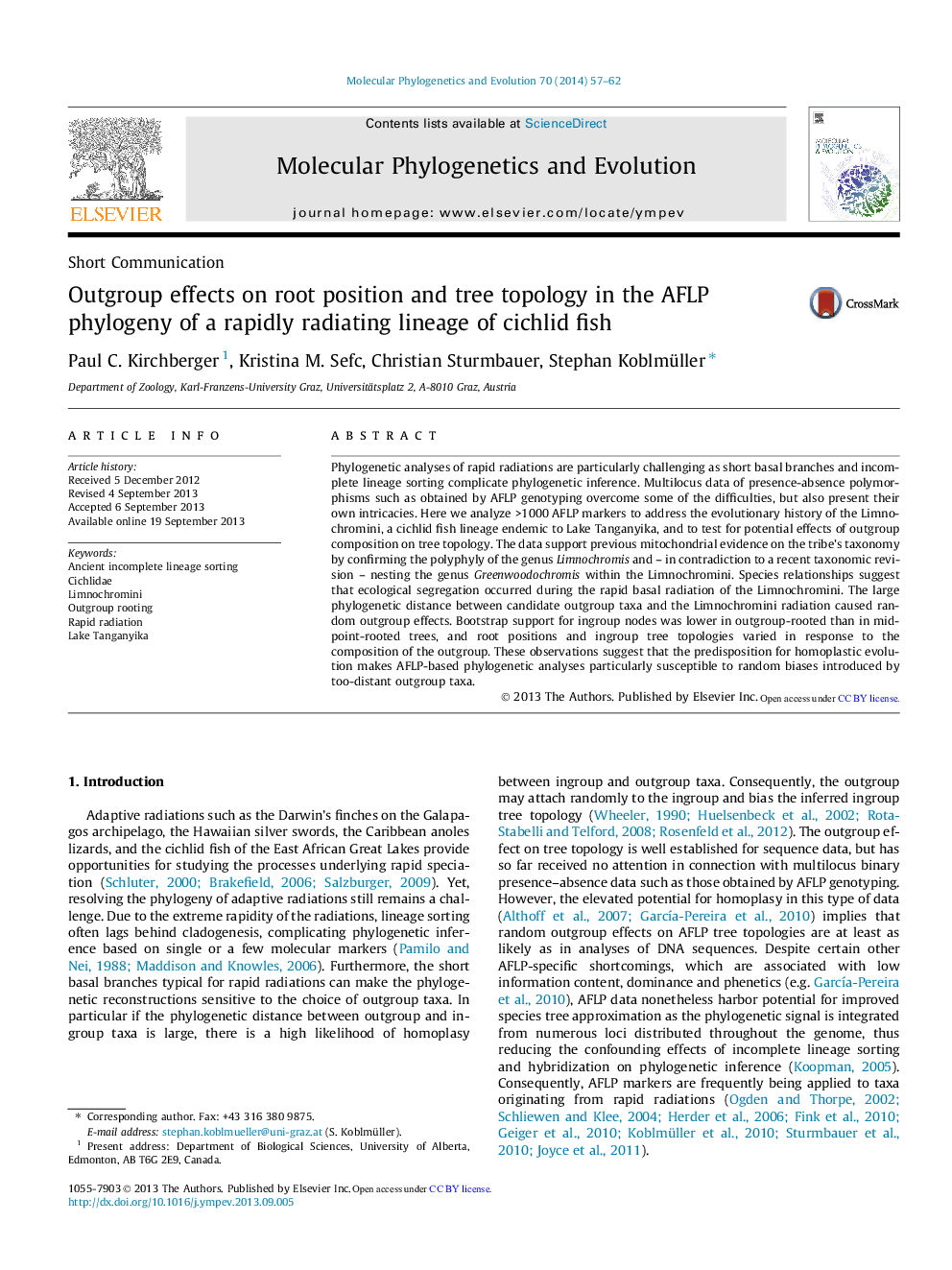 Short CommunicationOutgroup effects on root position and tree topology in the AFLP phylogeny of a rapidly radiating lineage of cichlid fish