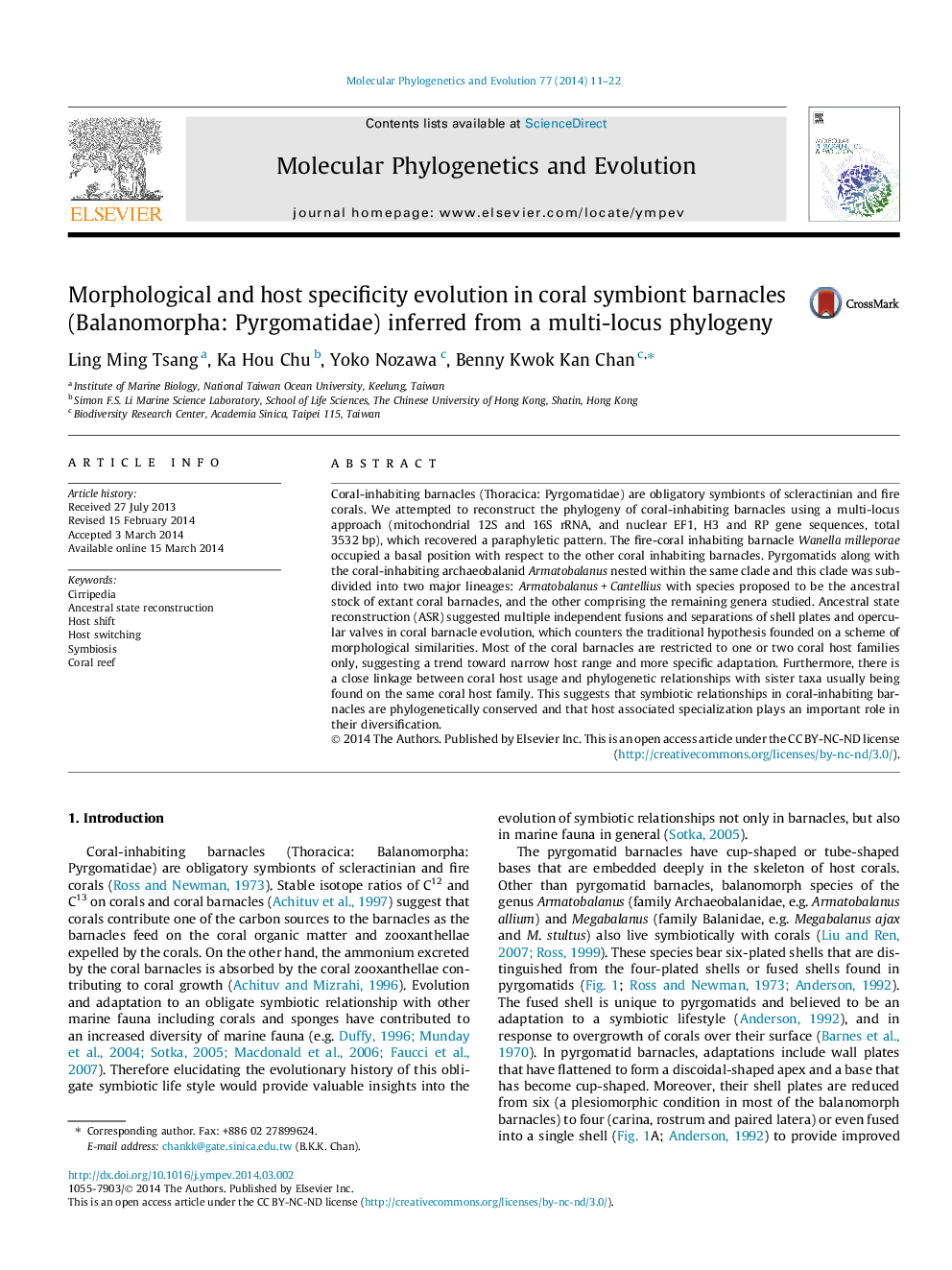 Morphological and host specificity evolution in coral symbiont barnacles (Balanomorpha: Pyrgomatidae) inferred from a multi-locus phylogeny