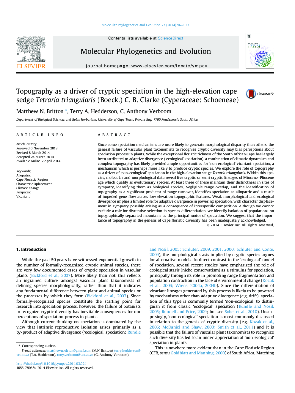 Topography as a driver of cryptic speciation in the high-elevation cape sedge Tetraria triangularis (Boeck.) C. B. Clarke (Cyperaceae: Schoeneae)